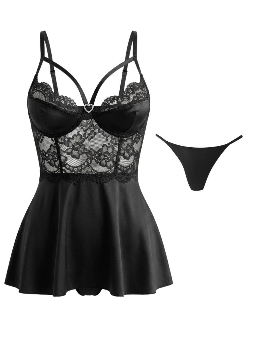 Elegant Love Babydollkleid Spitzen-Lingerie-Set in Schwarz – Sexy Negligé, Reizwäsche für Damen (Set, 2-tlg., inkl. Tanga) Dessous-Set aus Satin – Loungewear mit zartem Spitzenbesatz