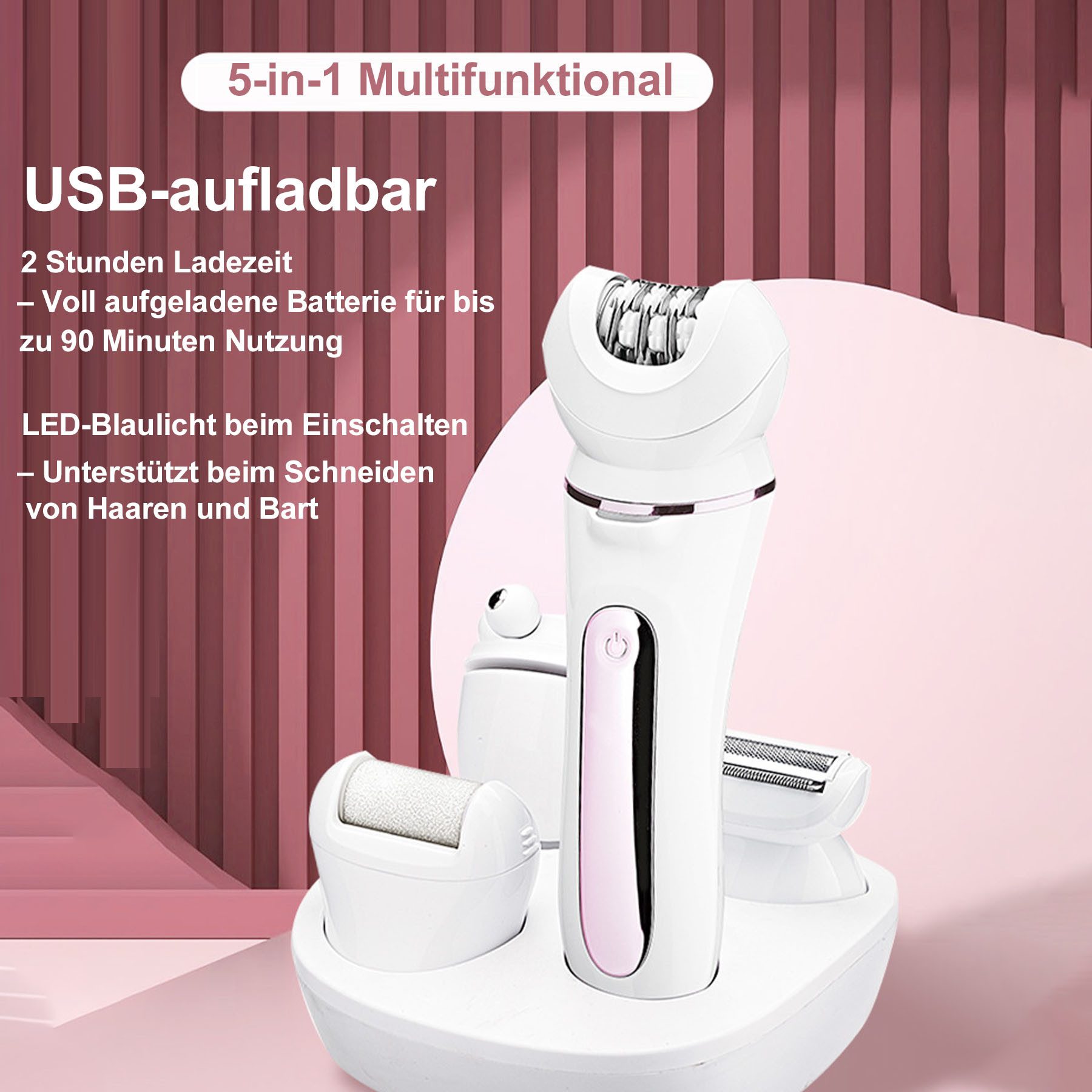 Senmudi Epilierer Damen für Haarentfernung, 5-in-1 Elektrischer Rasierer Frauen mit usb, Aufsätze: 9 St., Epilierer mit schwenkbarem Kopf,Wet & Dry mit 5 Extras,schmerzfrei, USB-Aufladung & kabellos für Beine,Körper,Gesicht, Beine und Arme,Rosa