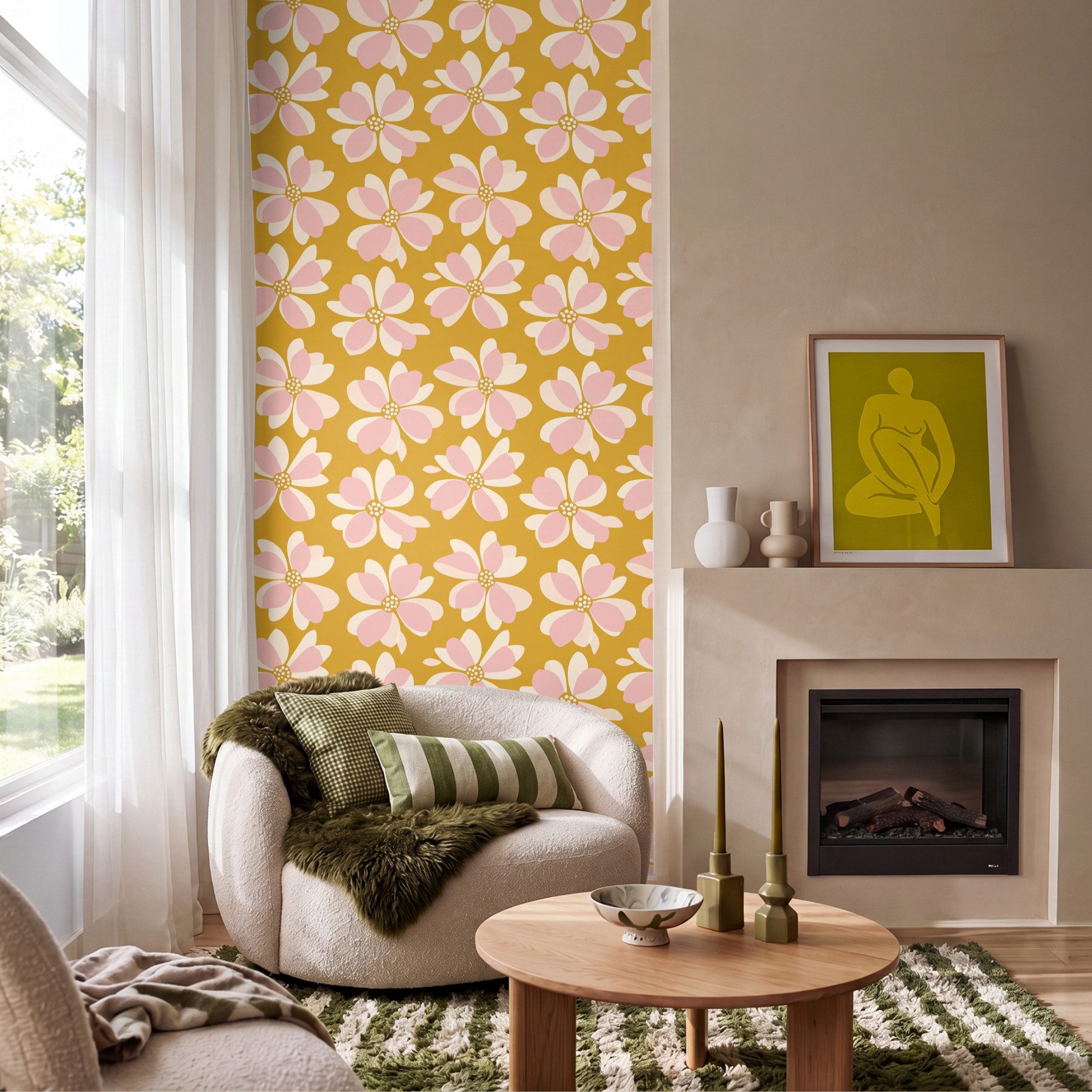 OnlyWow Fototapete Vintage - Blumen - Ockergelb, Matt, bedruckt, Wandtapete, Schlafzimmer, Wanddekoration 100x220cm
