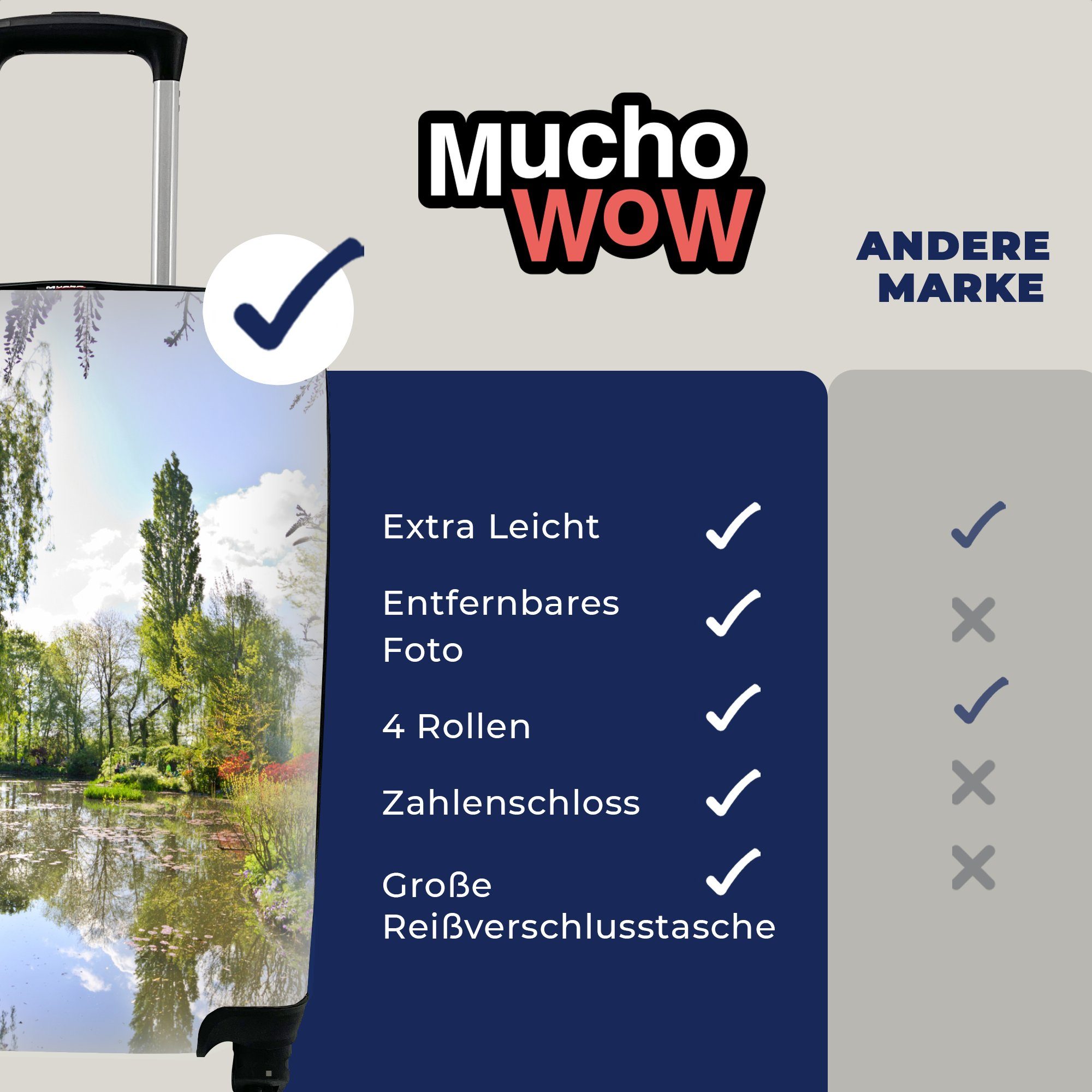 Frankreich, von Farben, Gartens mit im die Handgepäckkoffer 4 Reisekoffer Ferien, Trolley, für MuchoWow rollen, des Rollen, Reisetasche Handgepäck Wasser sich Monet in