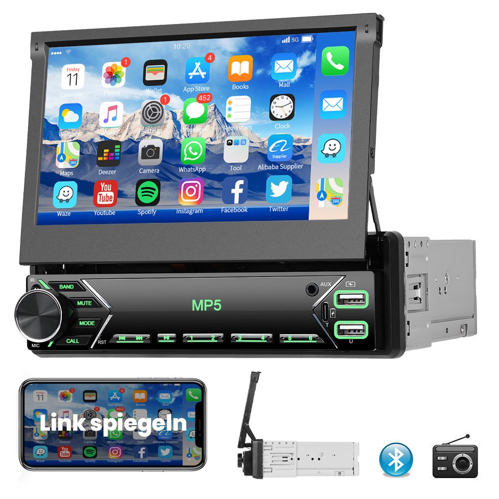 PODOFO 1 Din 7" Manuell Einziehbarer MP5-Player mit Mirror Link Bluetooth FM Autoradio