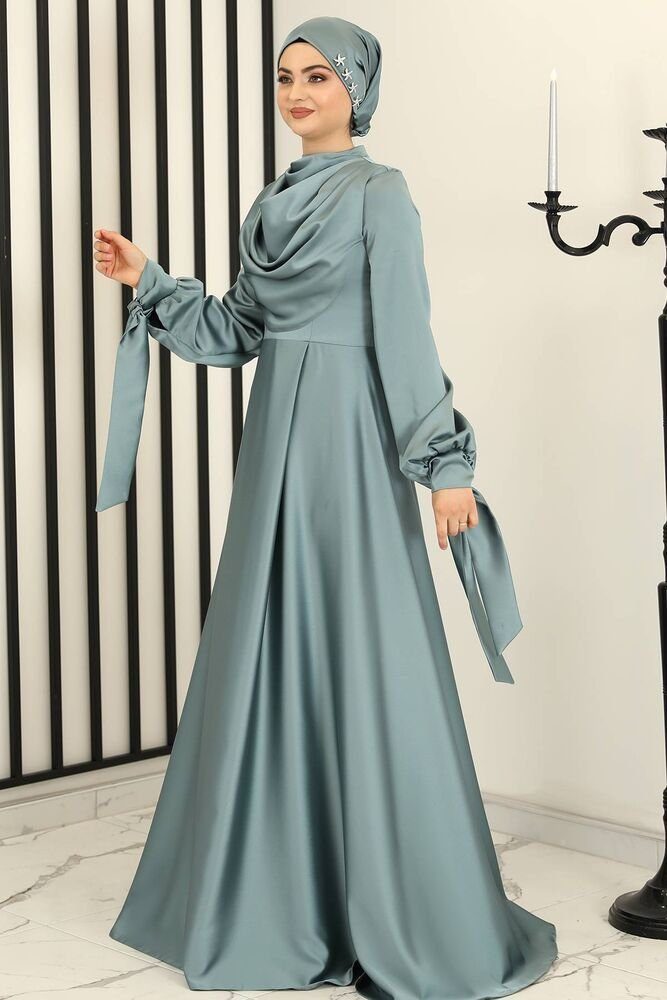 fashionshowcase Abendkleid Damen Maxikleid Satinkleid langarm Modest Fashion