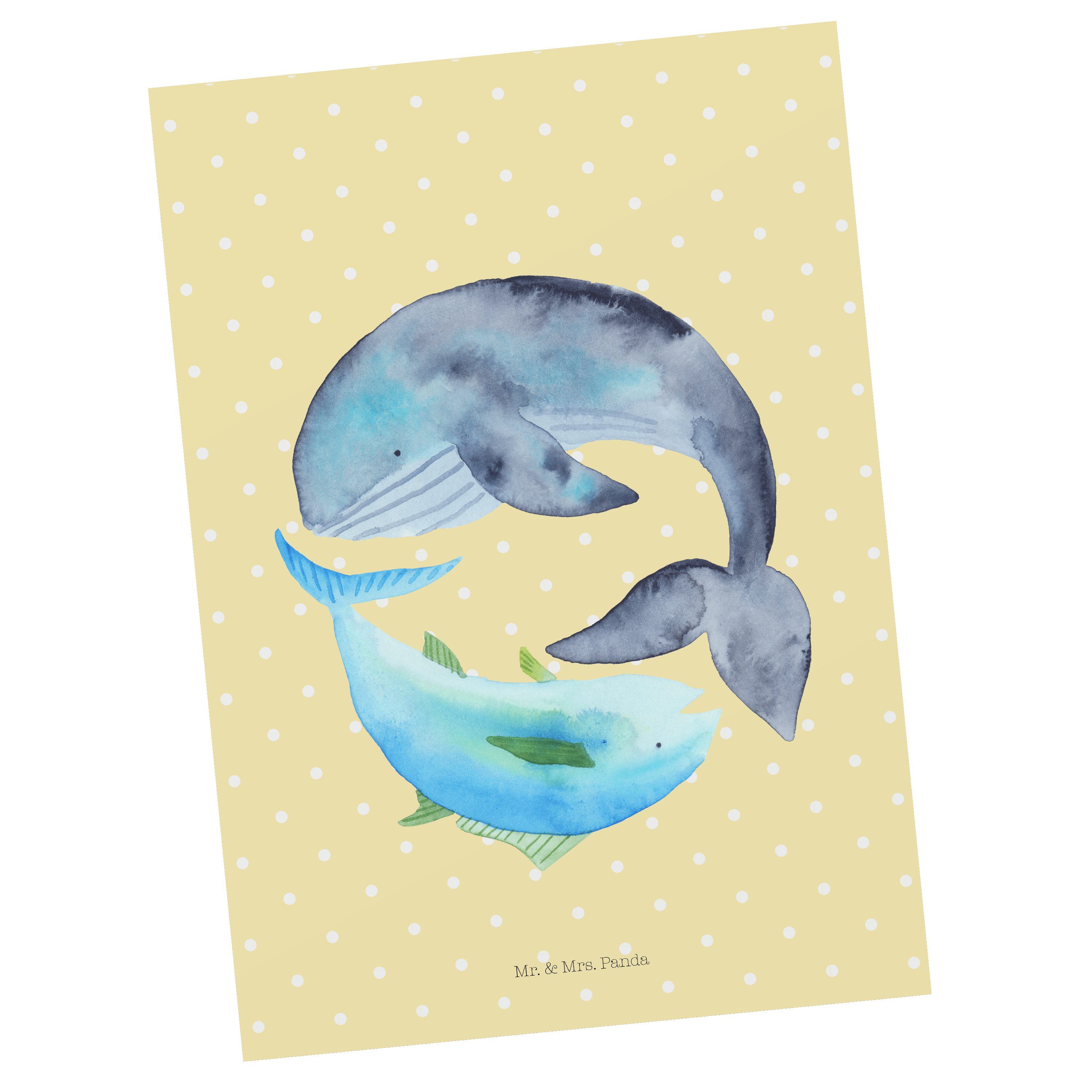 Mr. & Mrs. Panda Postkarte Walfisch & Thunfisch - Gelb Pastell - Geschenk, Geschenkkarte, Spruch
