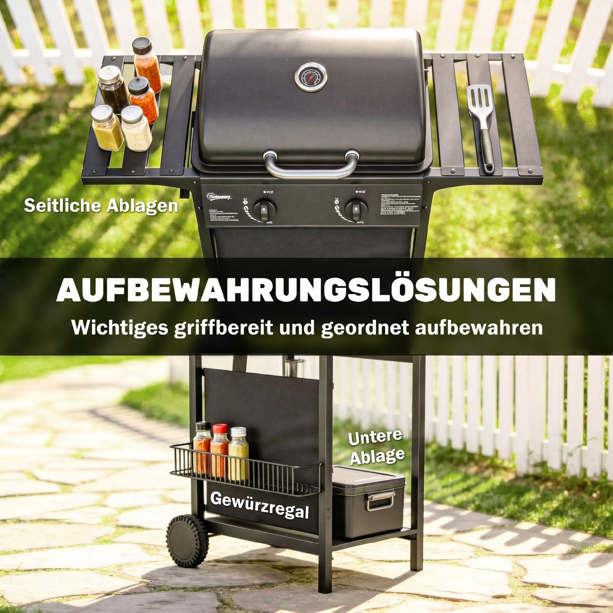 kowdom Gasgrill Gasgrill 5 kW 2 Brenner, 1800 cm², mit Seitentischen, schwarz, Gasgrill, Einzelgrill mit Zubehör, Gasgrill, 5 kW, 2 Brenner, 1800 cm², mit Thermometer