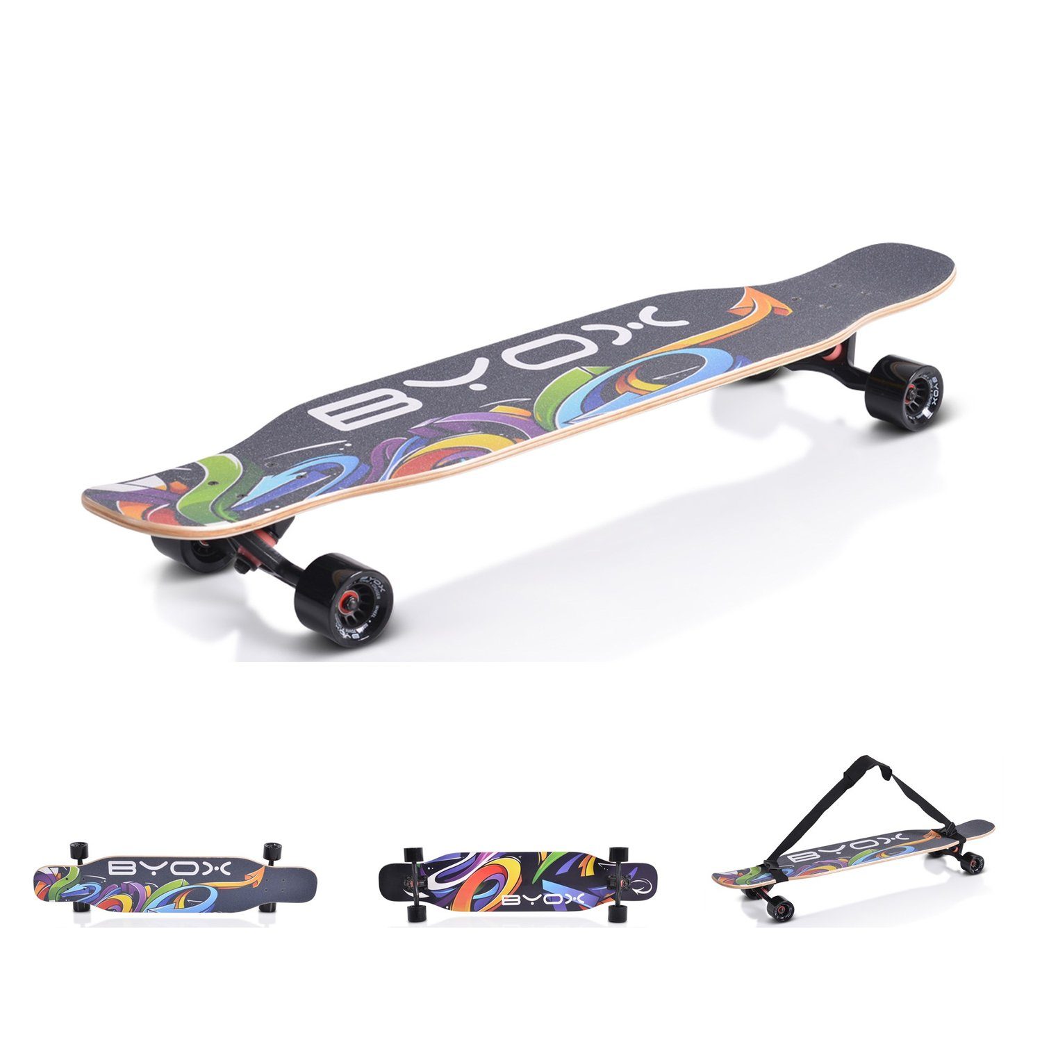 Byox Skateboard Kinder Skateboard Longboard 42", Dancing Style, PU Rollen,  ABEC-9, bis 100 kg, Gurt