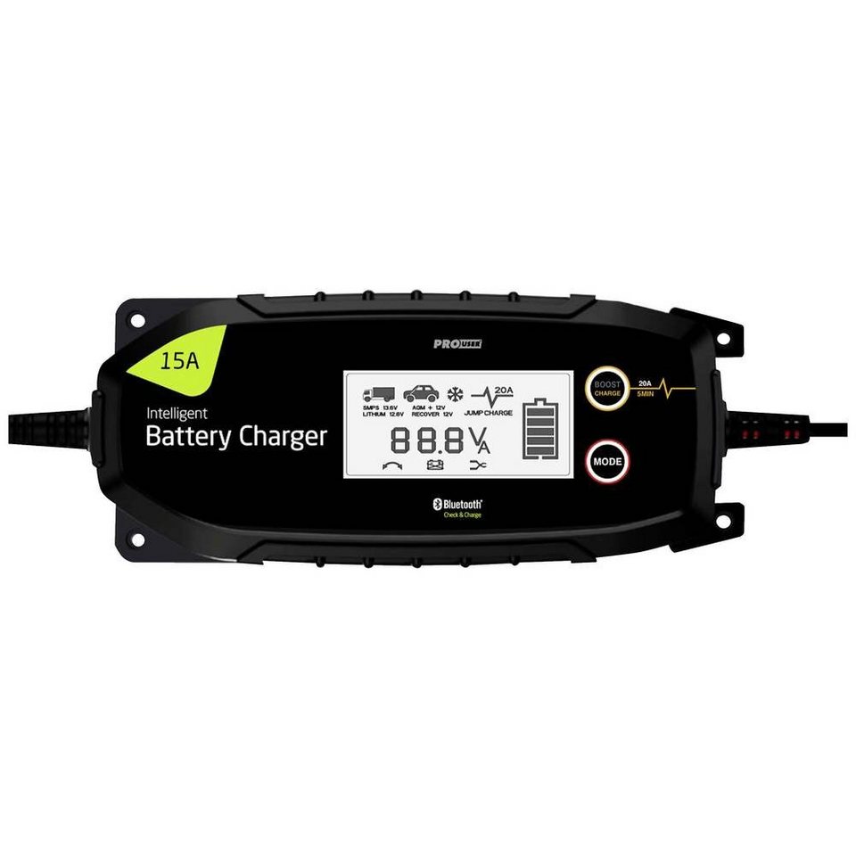 PROUSER KFZ Ladegerät 15A Autobatterie-Ladegerät (Akkutest, appfähig,  verschiedene Ladeprogramme, Spannungsmesser), Null-Volt-Batterie-Ladung