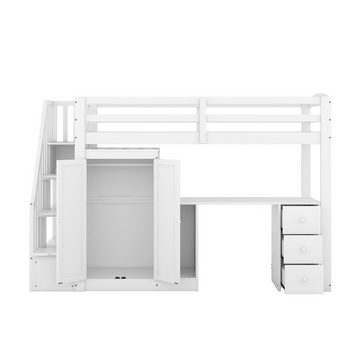 Ulife Hochbett Holzbett Kinderbett Einzelbett mit Schreibtisch und Kleiderschrank 90x200cm,Weiß