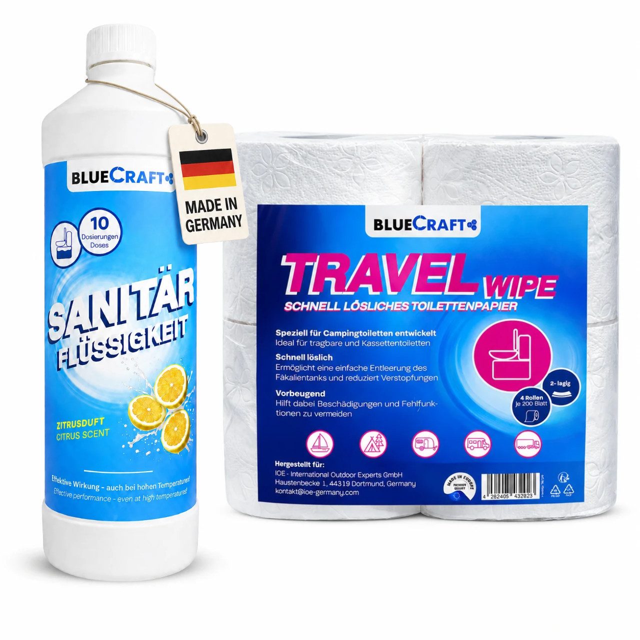BlueCraft Bluecraft Sanitärflüssigkeit 1 L für Campingtoiletten mit 4 Rollen Campingtoilettenreiniger (1x 1 L Bluecraft Sanitärflüssigkeit + 4 Rollen Toilettenpapier, Sanitärkonzentrat für Abwassertank bei Wohnmobilen, Wohnwagen, Camper)