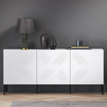 Lomadox Kommode CHENNAI-131, 170cm breit, weiß mit schwarze Metallfüßen, grifflos, Frontfräsung