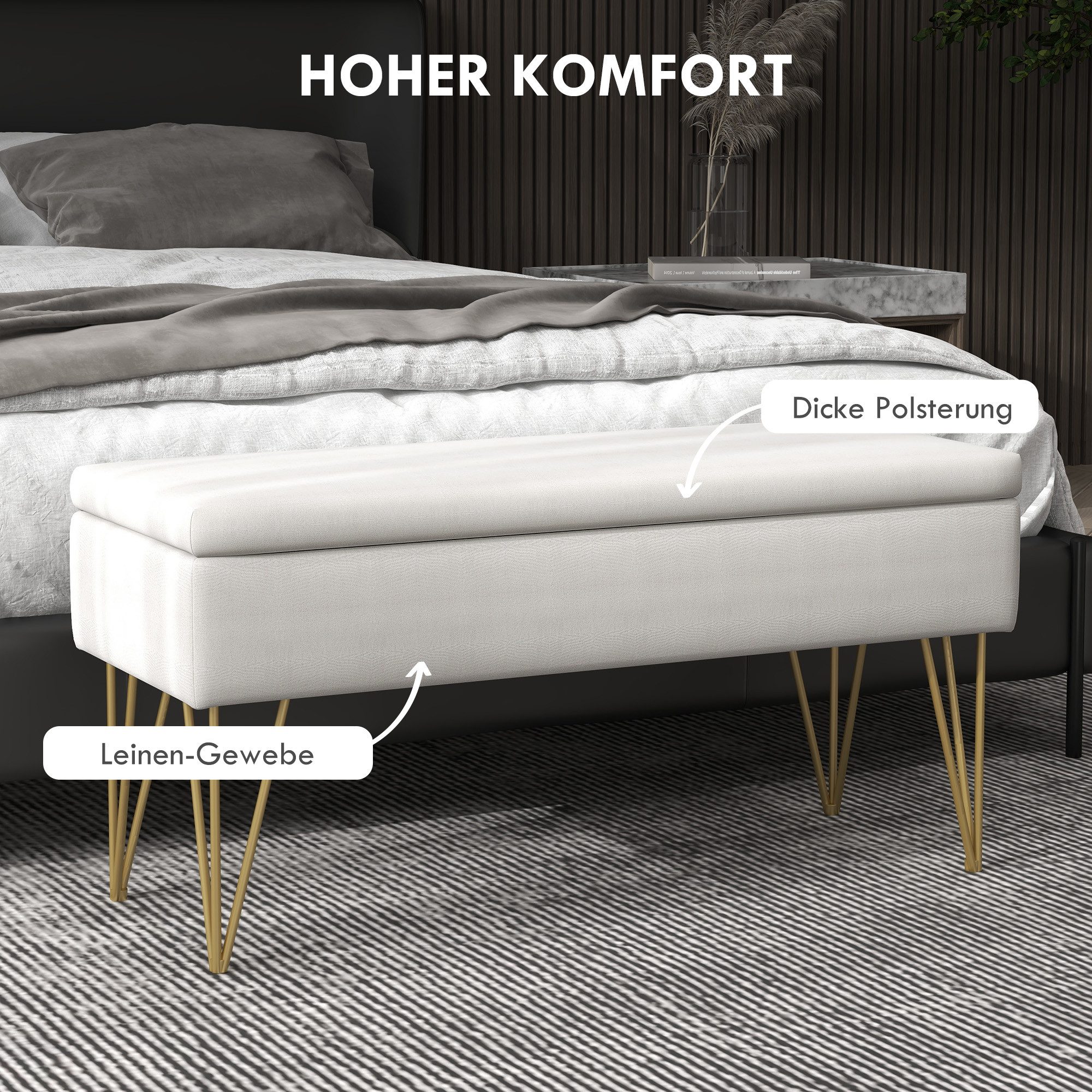 HOMCOM Polsterbank Sitzbank mit Stauraum, Leinenoptik (Bettbank, 1-St., Bank mit Stauraum), 100 x 40 x 49 cm, Creme – Bild 4 von 5