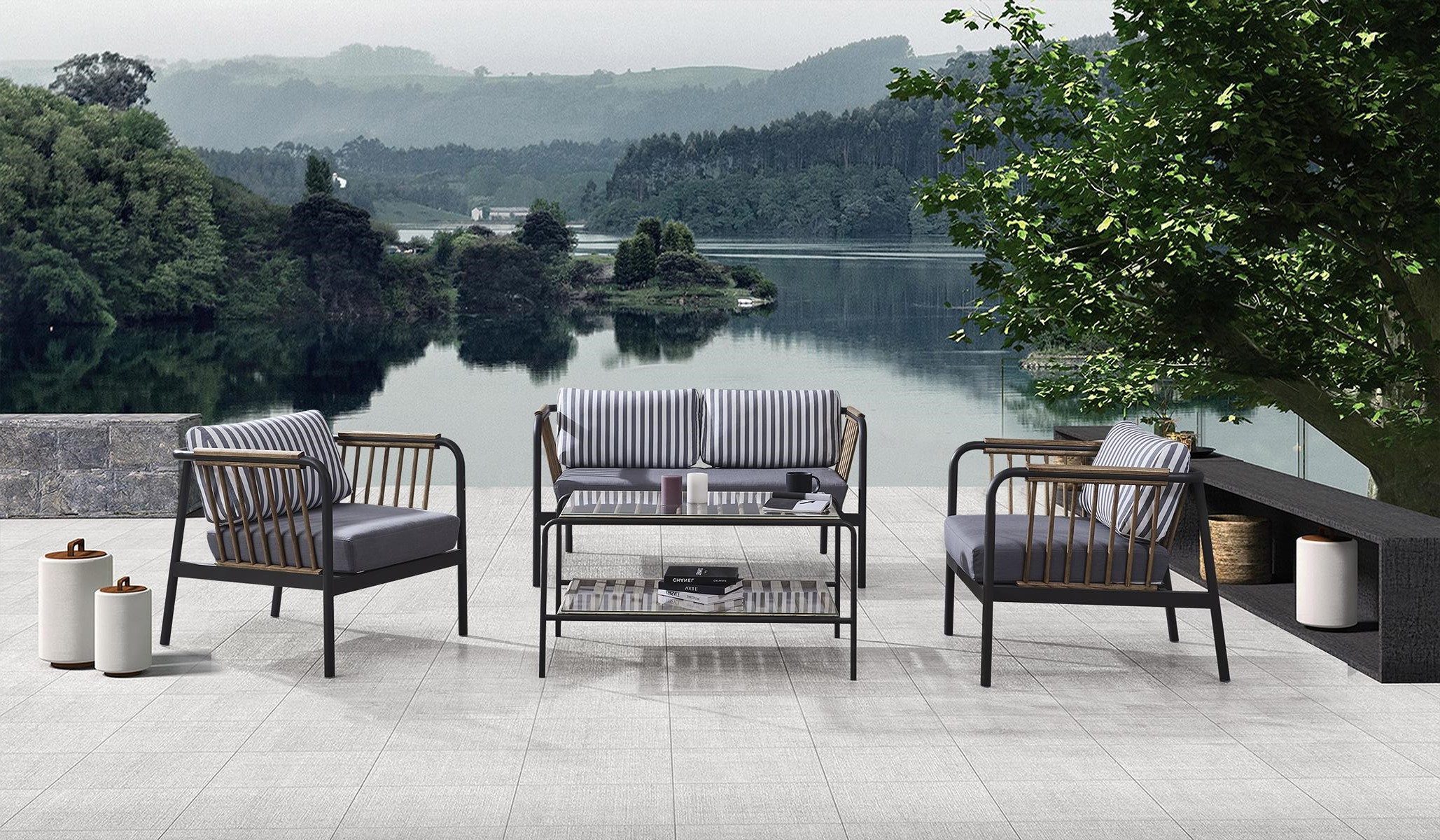Xlmoebel Gartenlounge-Set Stoffsofa mit Sessel und Couchtisch in modernem Design, (Gartenlounge-Set, 4-tlg., Set 4 tlg. (Sofa 2 Sitzer + 2x Sessel + Couchtisch), Hergestellt in Europa