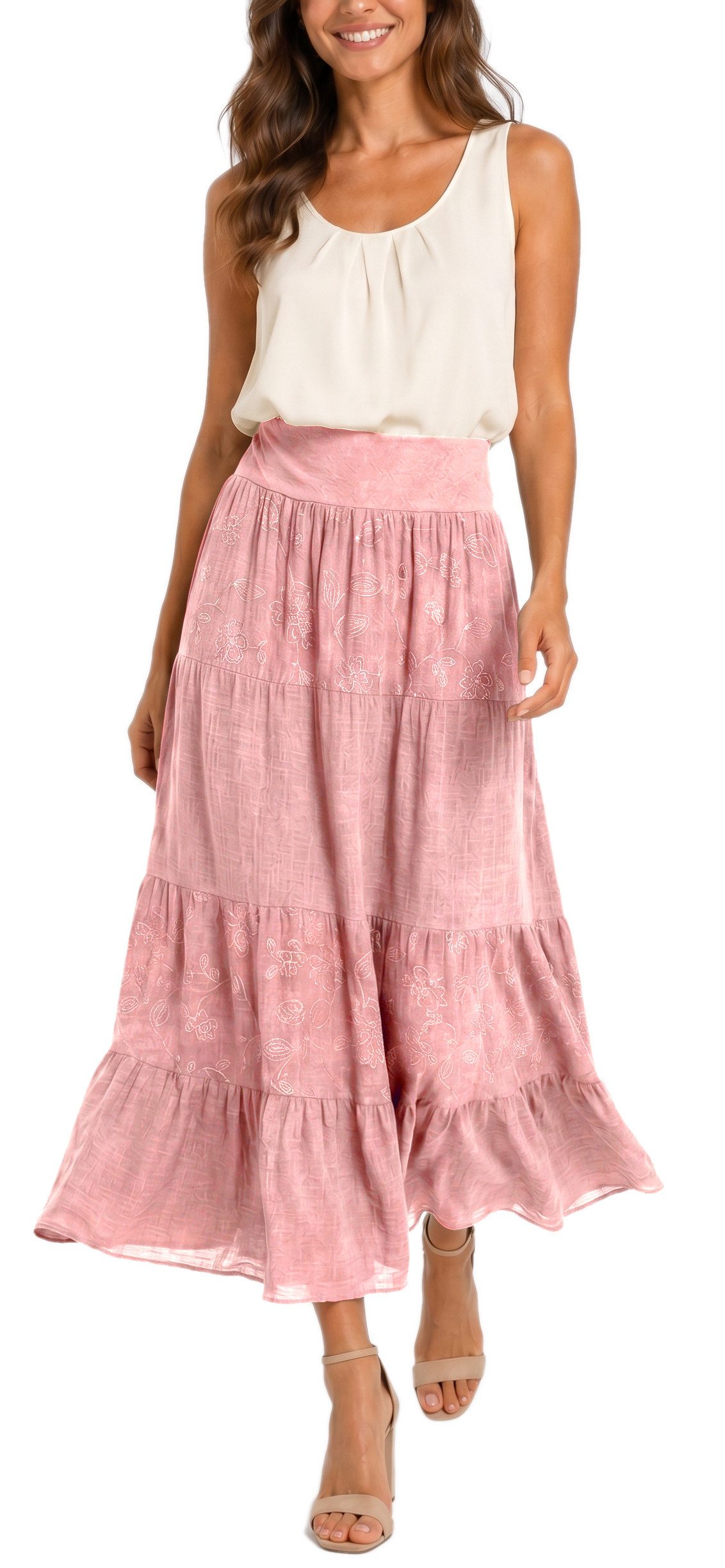 dy_mode Maxirock Damen Maxirock Luftiger Stufenrock Langer Baumwollrock Sommerrock in Unifarbe, mit Gummibund, Blumenstickerei