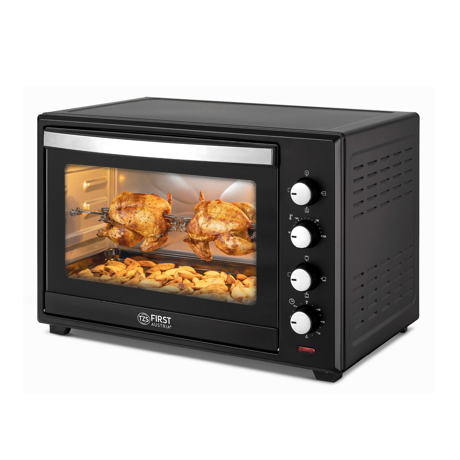 TZS FIRST AUSTRIA Minibackofen Pizzaofen, 2000W, 60L, mit Innenbeleuchtung, Umluft-Funktion, Drehspieß für 2 Hühnchen, Mini Backofen, herausnehmbares Krümelblech