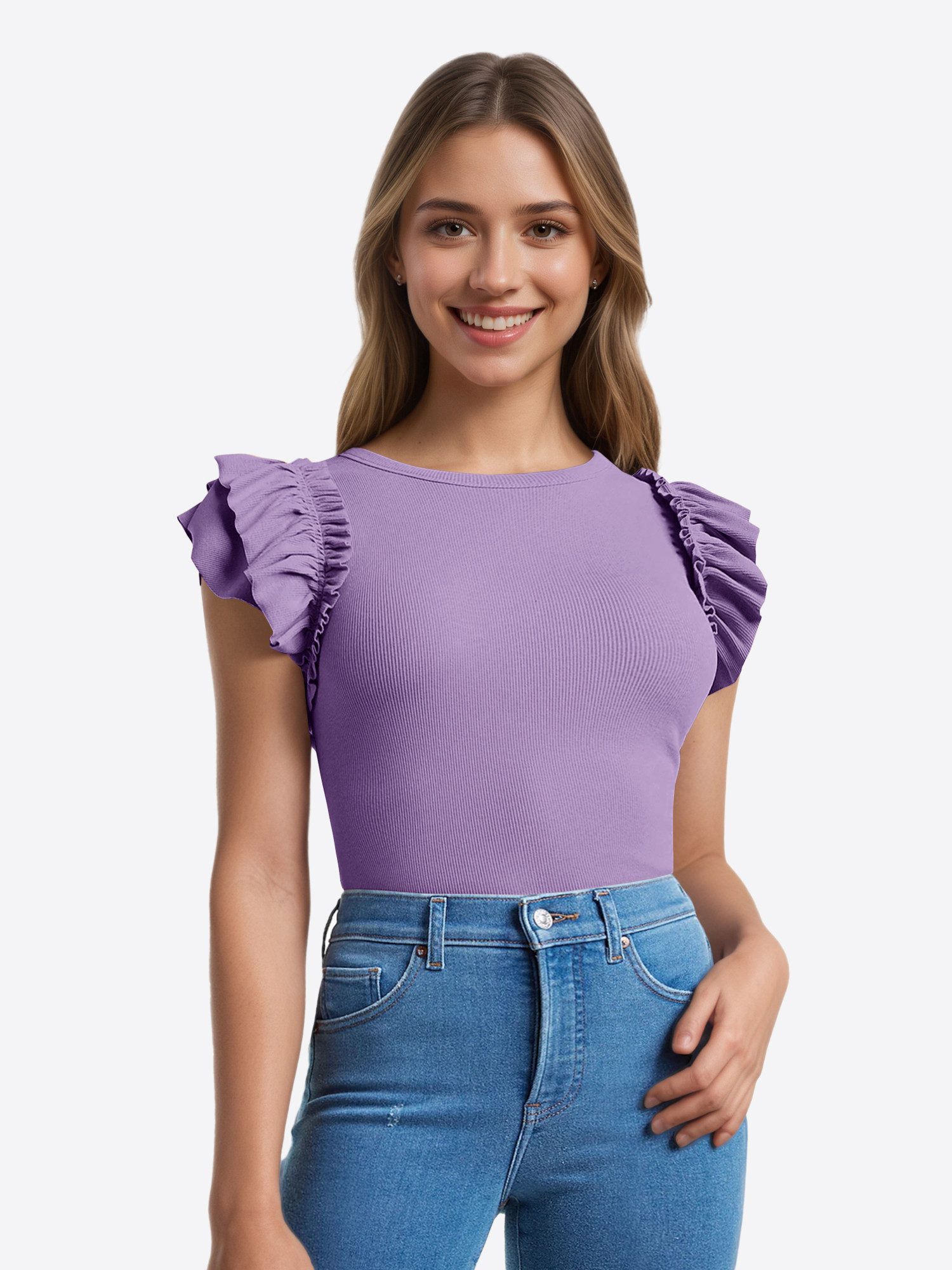 Imily Bela T-Shirt Damen Kurzarmshirt mit Rüschen (Packung, 1-tlg., 1per-Pack) elastisch