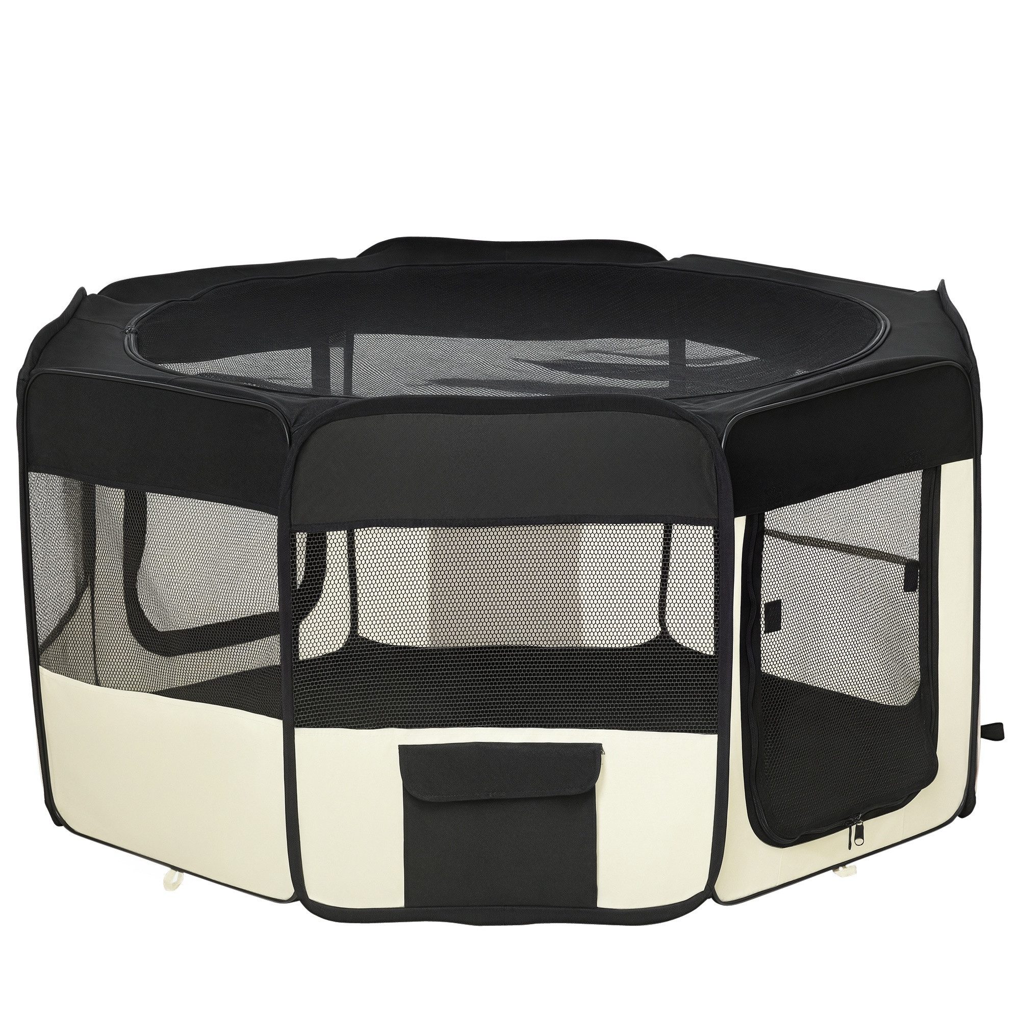 PawHut Freigehege Freilaufgehege Laufstall Welpen-Laufstall, Oxford Schwarz+Creme Weiß Ø120 x 58 cm