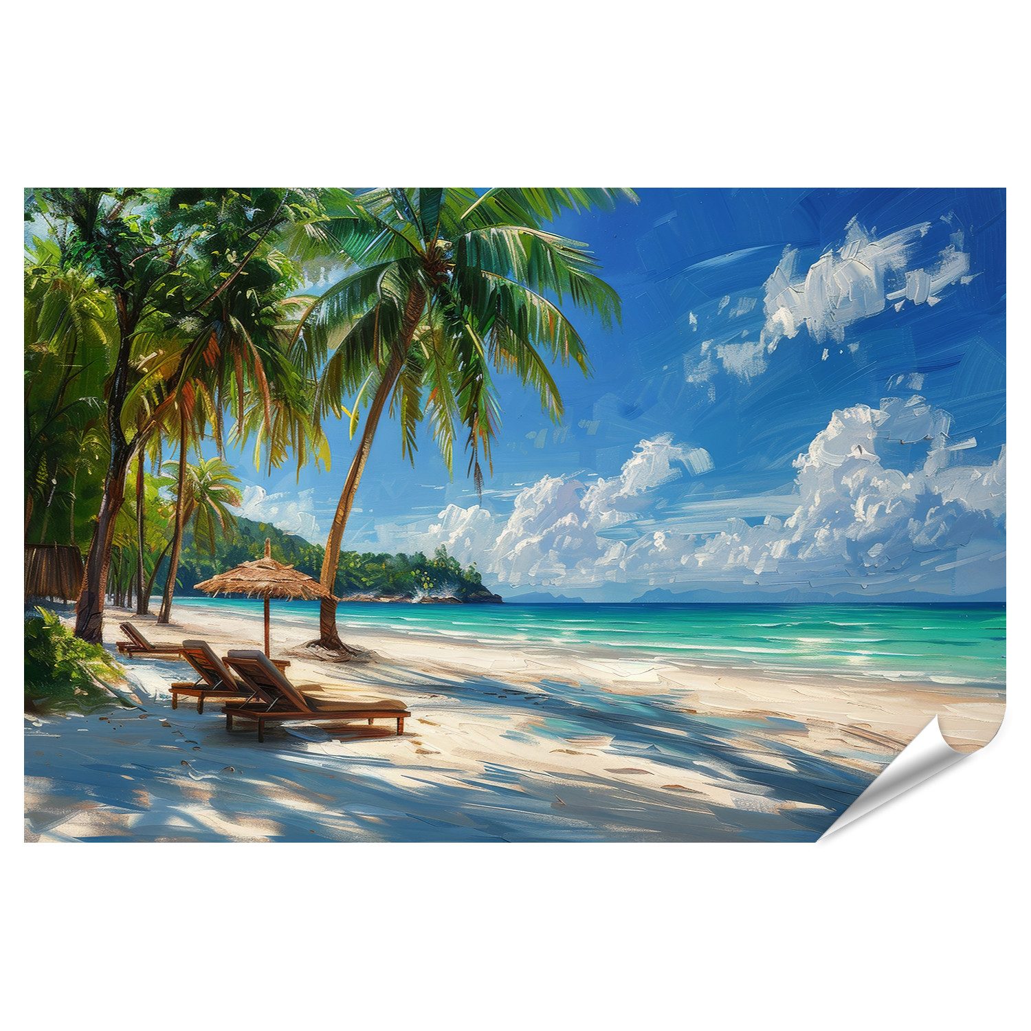 Poster Ruhige Strandkulisse mit Palmen und Liegestühlen unter sonnigem H