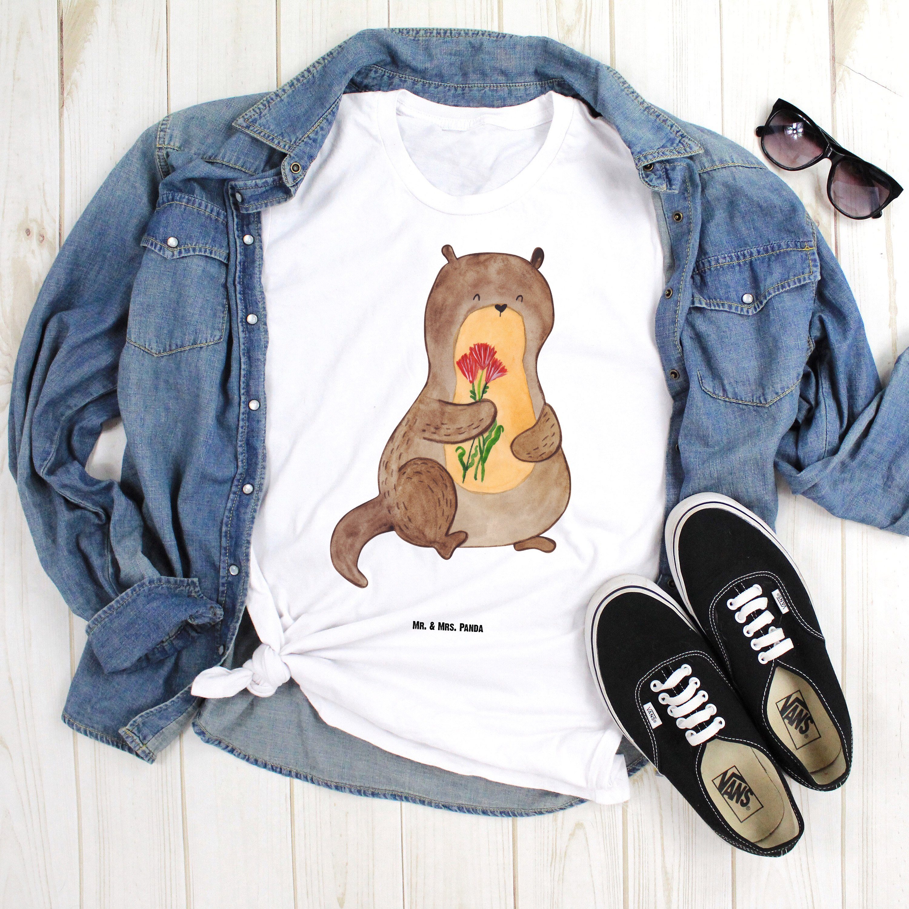 Mr. & Mrs. Panda T-Shirt Otter Blumenstrauß, Tshirt, Weiß, Tshirt, Niedlich, Blumenstrauß, See (Packung) Herren T-Shirt XXL Oversize T-Shirt Shirt XXL