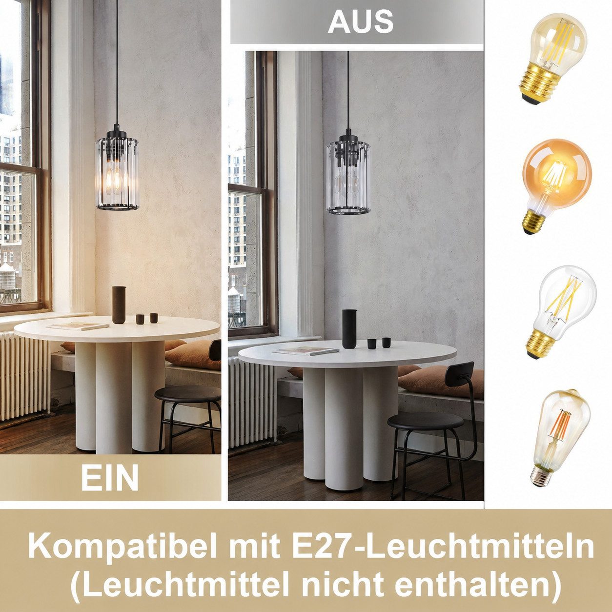Nettlife Pendelleuchte Kristall Esstisch Schwarz Modern 1/3/4 Flammig E27 Hängeleuchte, LED wechselbar, Esszimmerlampe für Wohnzimmer Schlafzimmer Küche – Bild 4 von 5