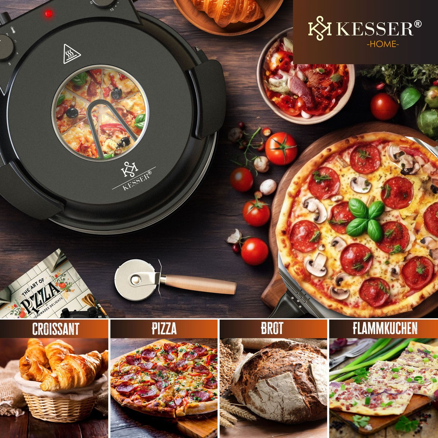 KESSER Pizzaofen 400°C mit feuerfestem Pizzastein ⌀32cm & 5 Heizstufen Steinofen Pizza, 1200W Elektrischer Pizzabäcker mit Timer, Pizzaschneider & Rezeptbuch