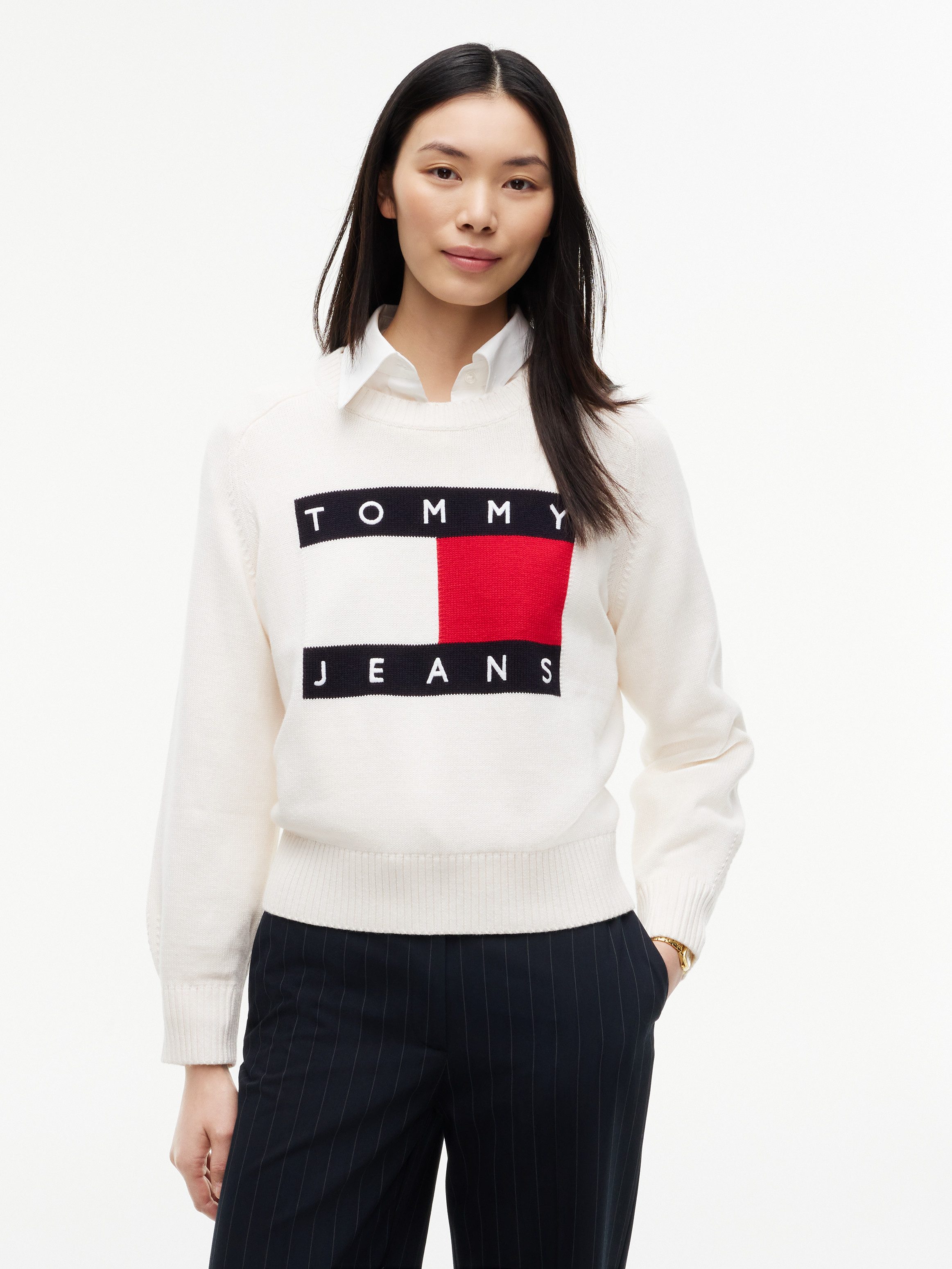 Tommy Jeans Rundhalspullover TJW FLAG SWEATER EXT Baumwollmischung