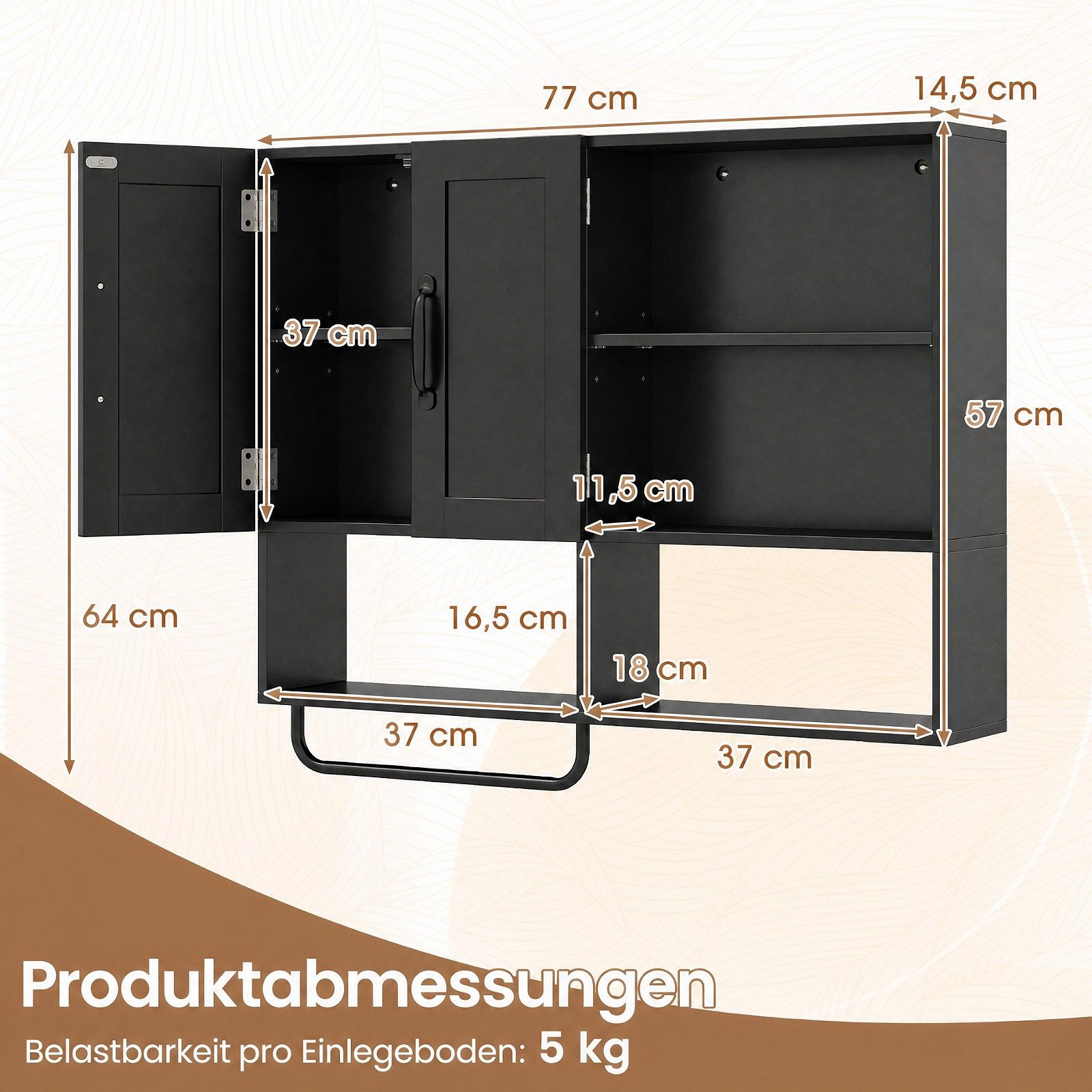 COSTWAY Hängeschrank Badezimmerschrank mit Handtuchhalter, Fächern Wandschrank Holz – Bild 5 von 5