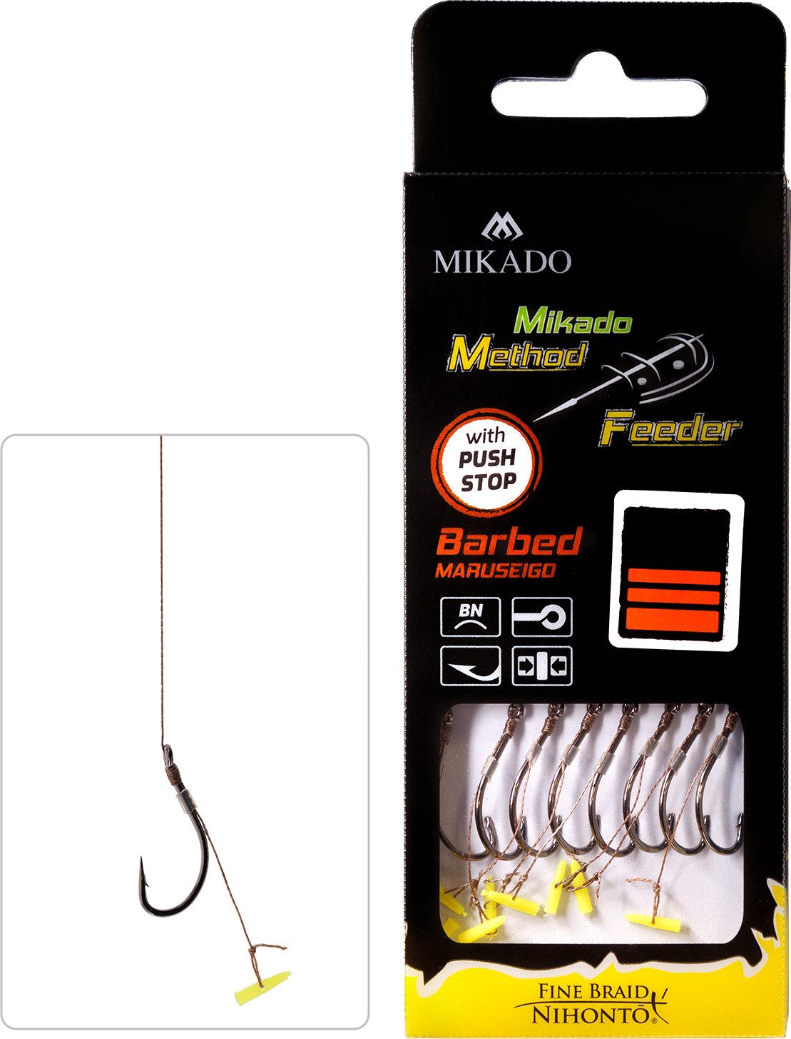 MIKADO Total Fishing Feederhaken Methode Feeder Rig Haken 8 Stück in Größe 12 - geflochten 0,12mm/10cm, (8-St), Mit Push Stop und Widerhaken
