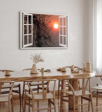 Sinus Art Leinwandbild Wandbild 120x80cm Fensterbild Sonne Abendrot Abenddämmerung Baum Sonne, (1 St)
