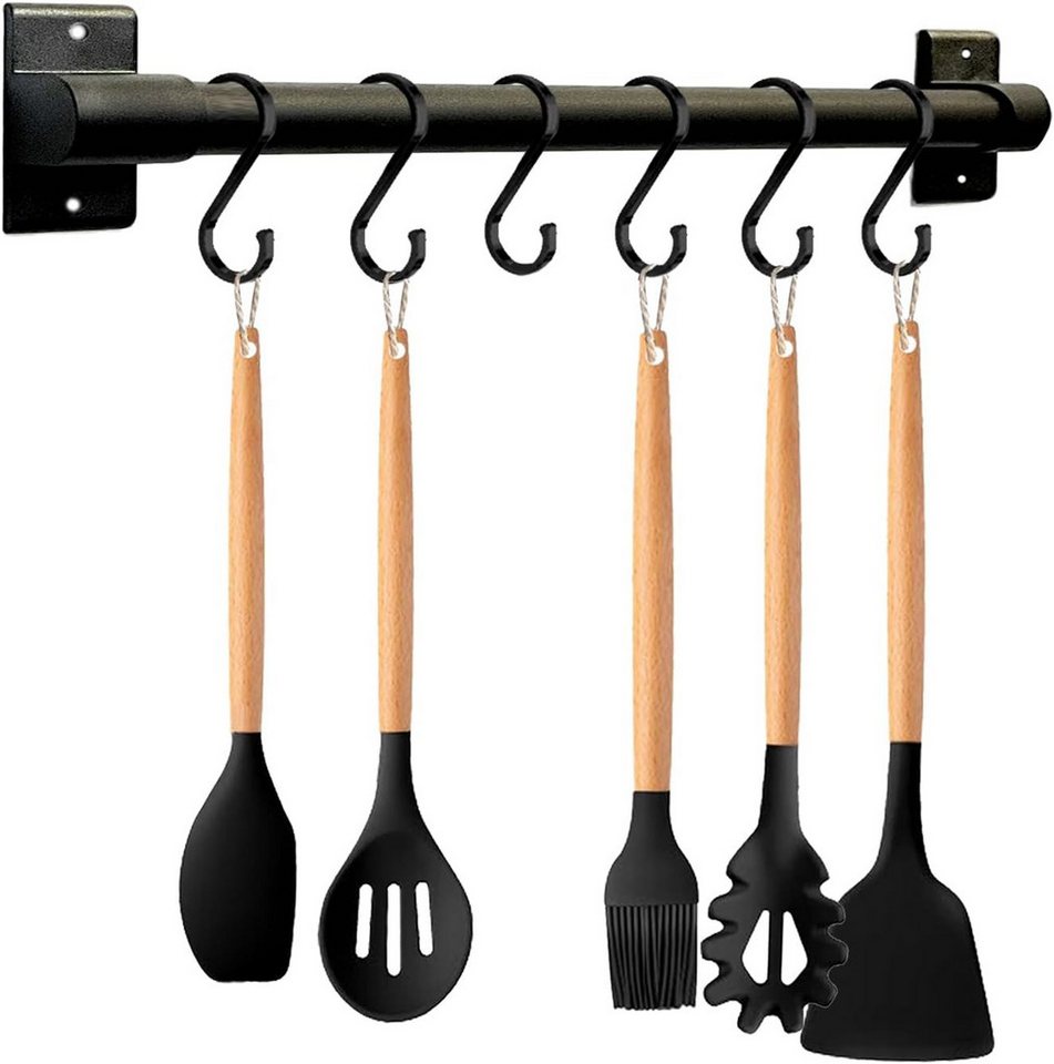 MOPUEA Hakenleiste Aluminium-Utensilienhalter, Küchenregal, Wandmontage, Küchenschiene, (Pfannenaufhänger mit 6 S-Haken zum Aufhängen von Küchenutensilien, 1 St., Badezimmer-Gadget Schwarz), Selbstklebender Küchenhakenhalter mit beweglichen Haken