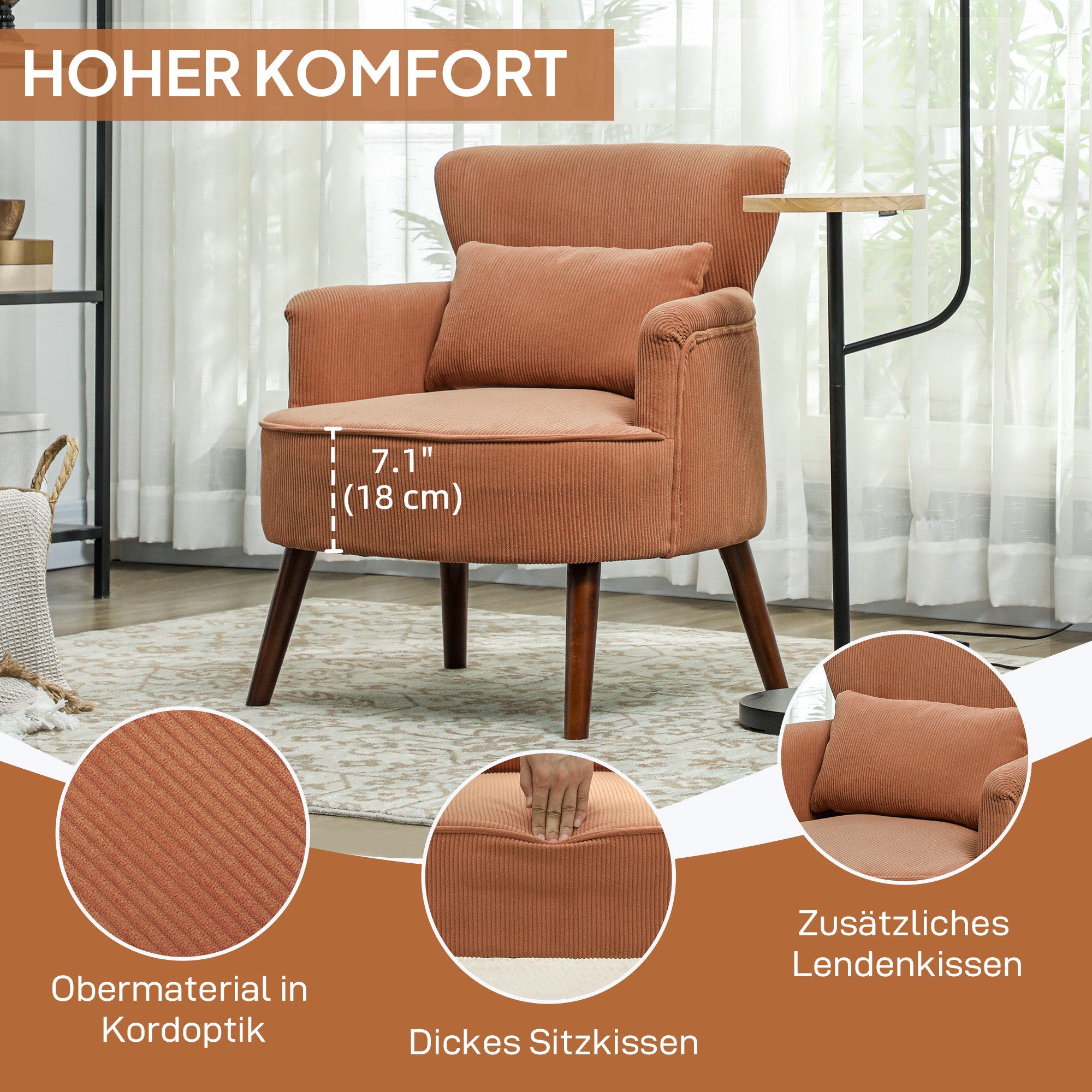 HOMCOM Sessel Loungesessel mit Armlehnen (Relaxsessel, 1-St., Polstersessel), für Wohnzimmer, Schlafzimmer, Orange