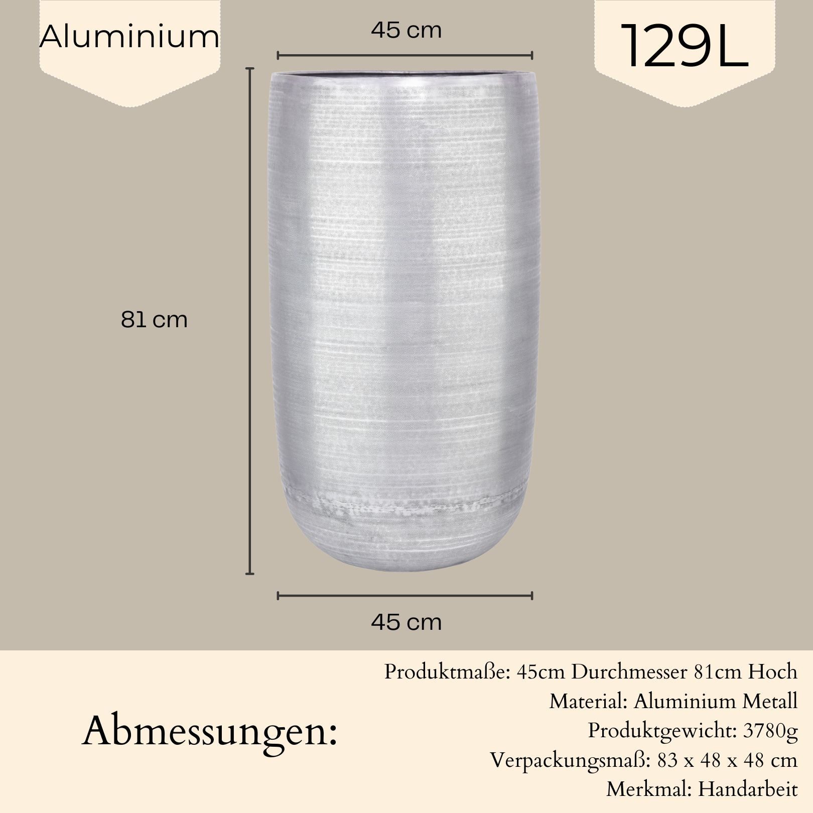 Marrakesch Orient & Mediterran Interior Übertopf Moderner XXL-Blumentopf Camiel modern aus Aluminium in Silber 81 cm (1 St), Handarbeit