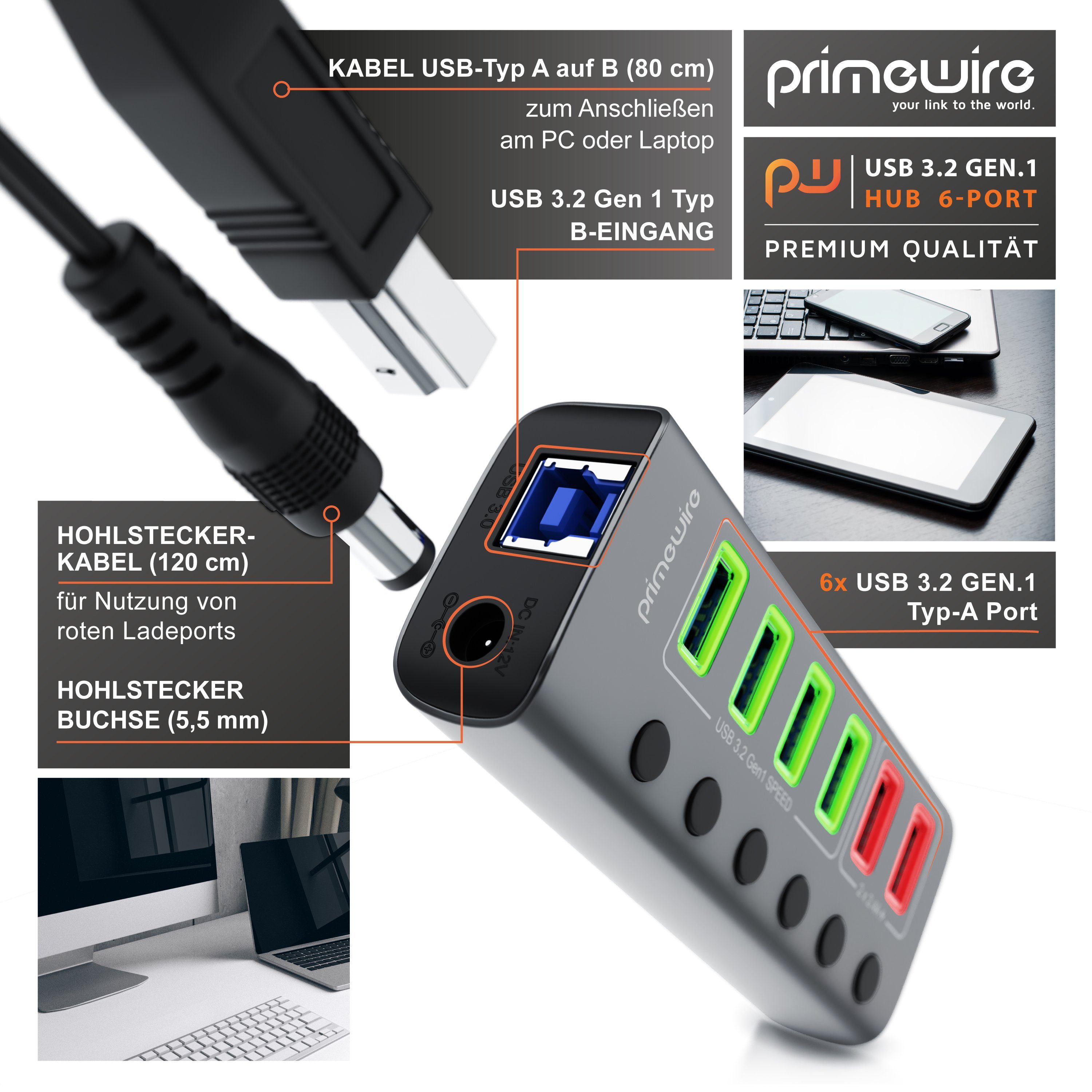 Primewire USB 3.2 Hub 6-Port aktiv mit Netzteil USB-Adapter USB-A zu USB-A, 120 cm, USB 3.2 Gen1 Hub, 6 Port Verteiler aktiv mit Netzteil, 5 Gbit/s – Bild 3 von 5