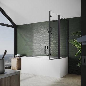 SONNI Badewannenaufsatz NANO Glas, 120x140cm, mit Seitenwand, Faltbar, Schwarz, Einscheibensicherheitsglas mit Nano Beschichtung, für Badezimmer, faltbar