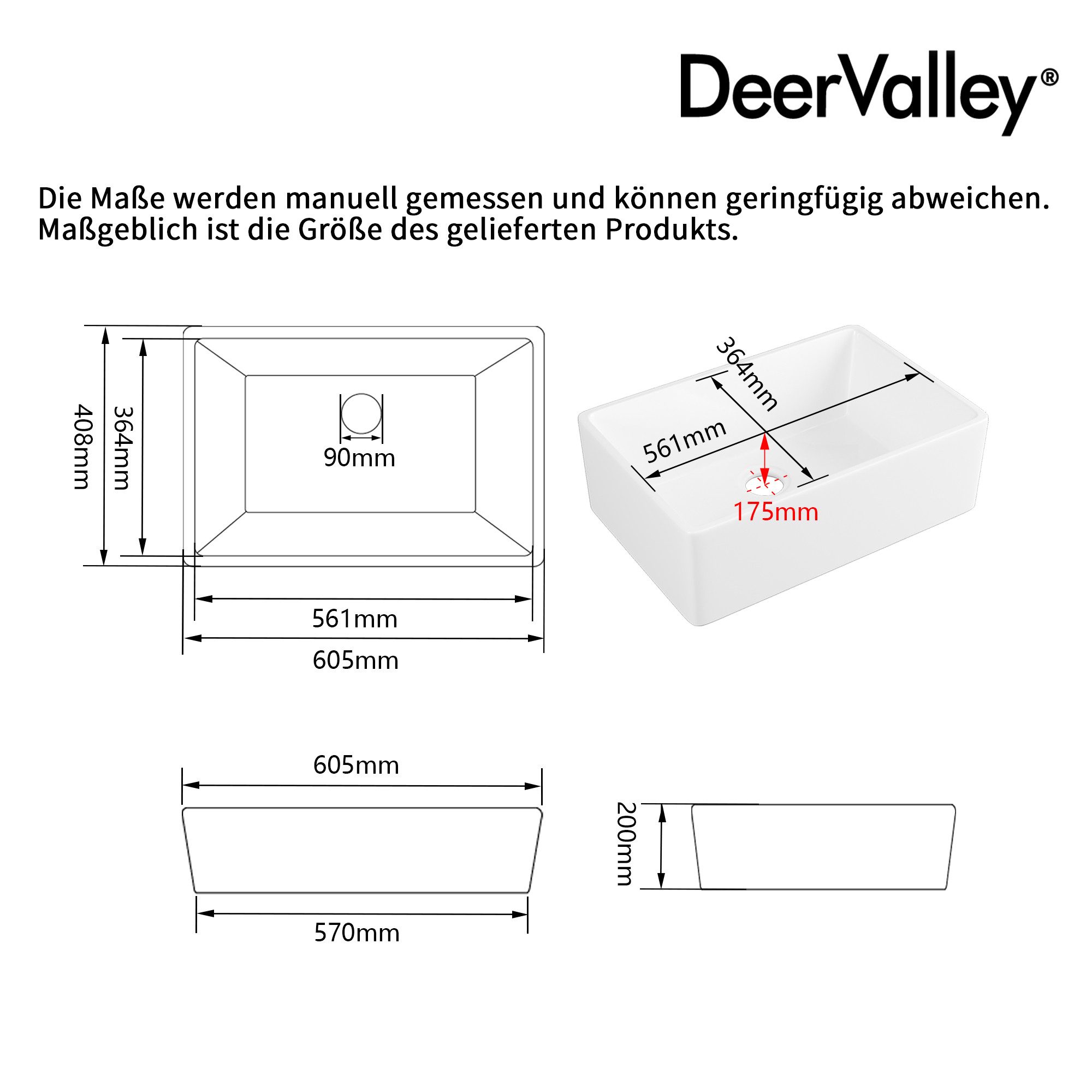 DeerValley Küchenspüle DeerValley Küchenspüle, 408/605 cm, Hochtemperaturgebrannte Keramik, extrem widerstandsfähig und langlebig, (Komplettset, Spüle mit Edelstahl-Gitter und Korbsieb), Keramik für extreme Haltbarkeit und Hitzebeständigkeit
