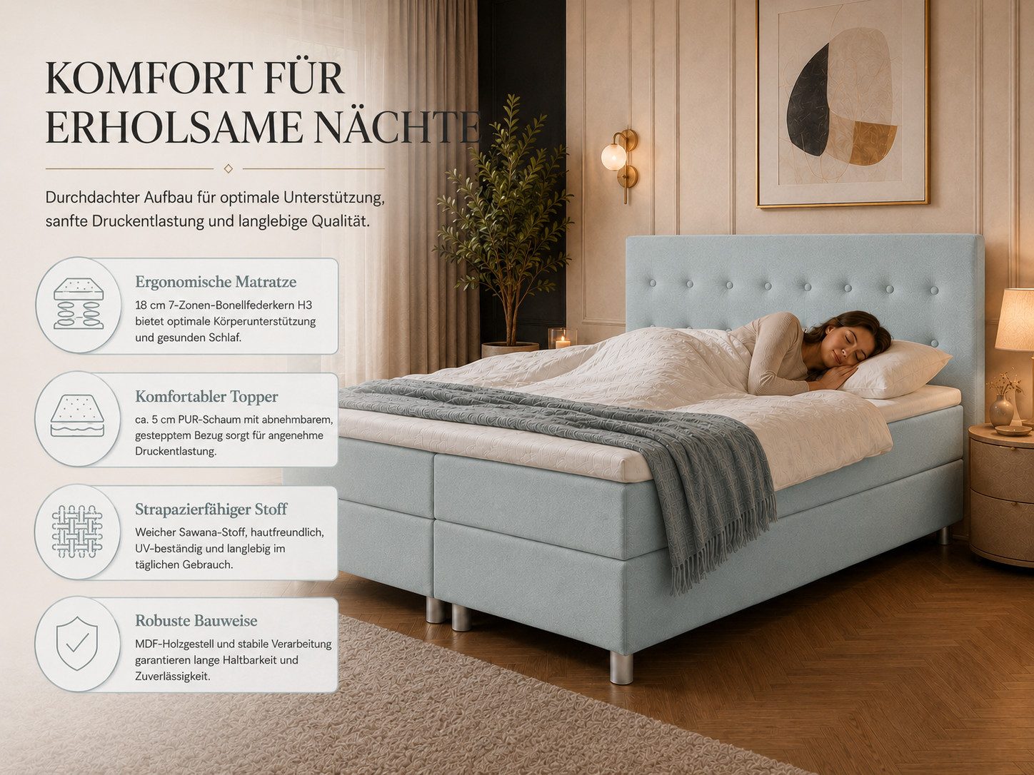 Best for Home Boxspringbett mit gepolstertem Kopfteil, komfortabler Bonnell-Matratze & 5 cm Topper (Boxspringbett-Set mit Matratze und Topper, 1-St., 90x200 120 – Bild 5 von 5