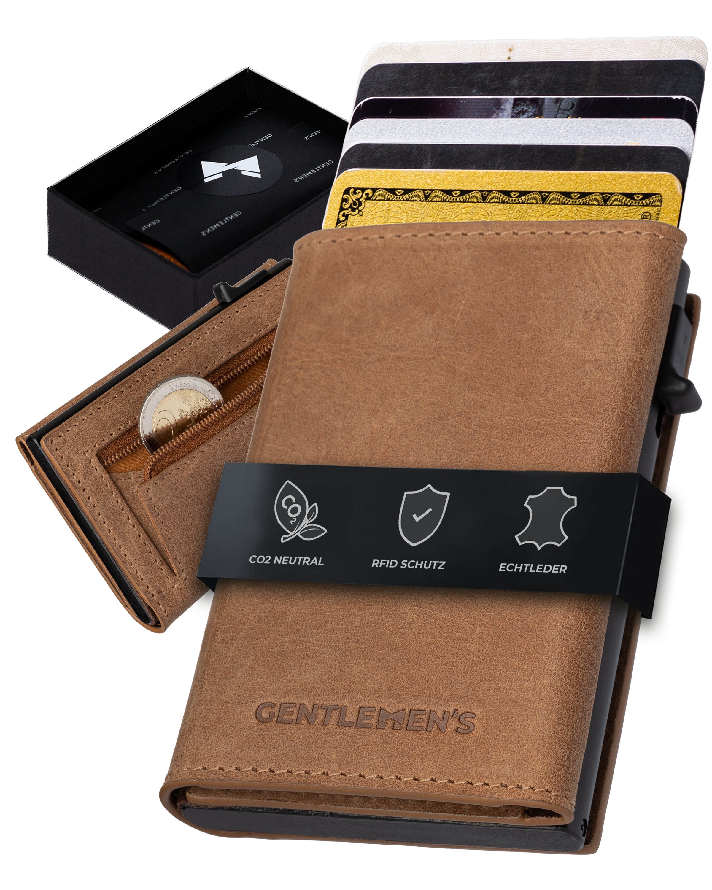 Geldbeutel & - Gentlemen's Geldbörse Kreditkartenetui mit RFID-Schutz Kleiner Smart Wallet, Herren - Herren Portemonnaie mit Scheinfach Cardholder Münzfach Cognac für