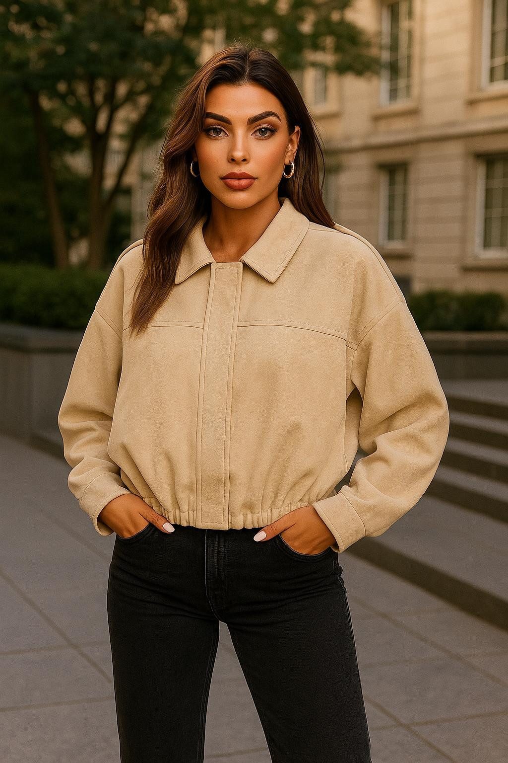 Worldclassca Lederimitatjacke Worldclassca Wildlederoptik Bomberjacke Zip Trench Übergangs Blouson Neue Kollektion - Stilvolle und gemütliche Mode für Damen