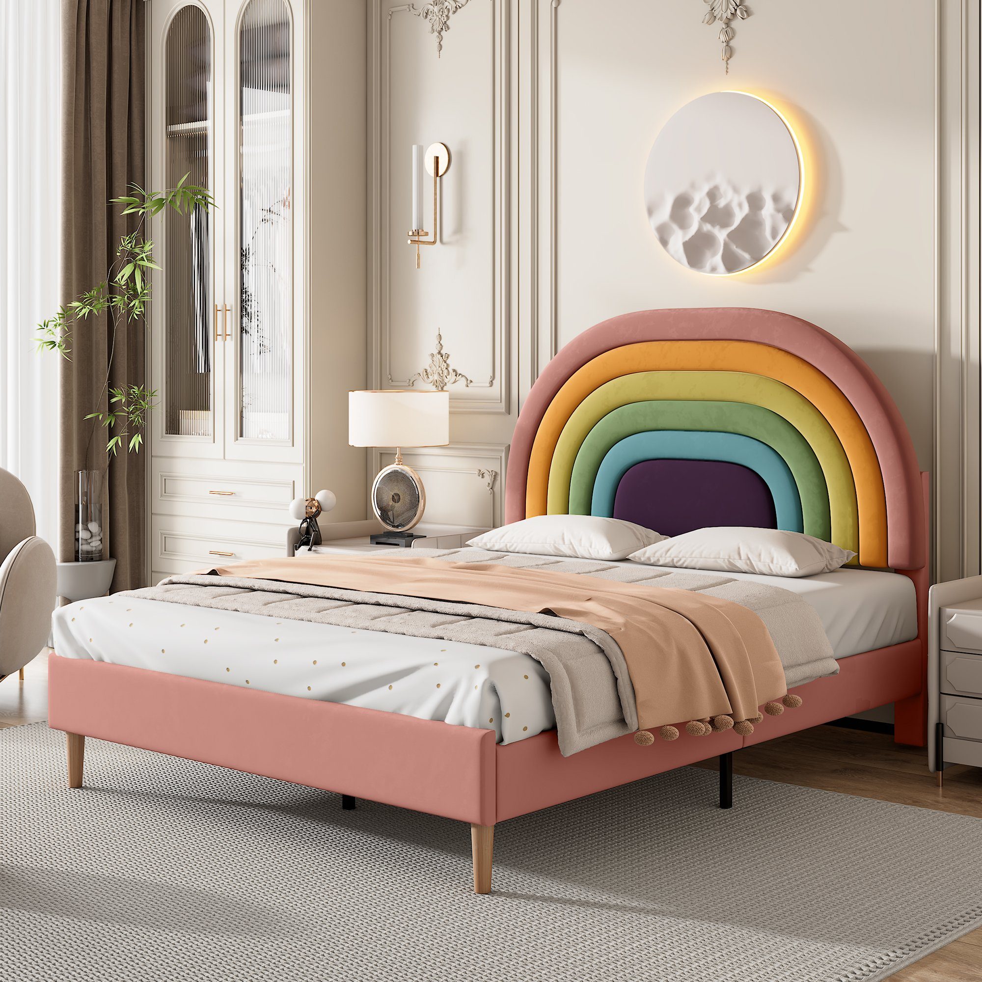 Flieks Polsterbett, Kinderbett mit verstellbarem Regenbogen-Kopfteil 140x200cm Samt rosa