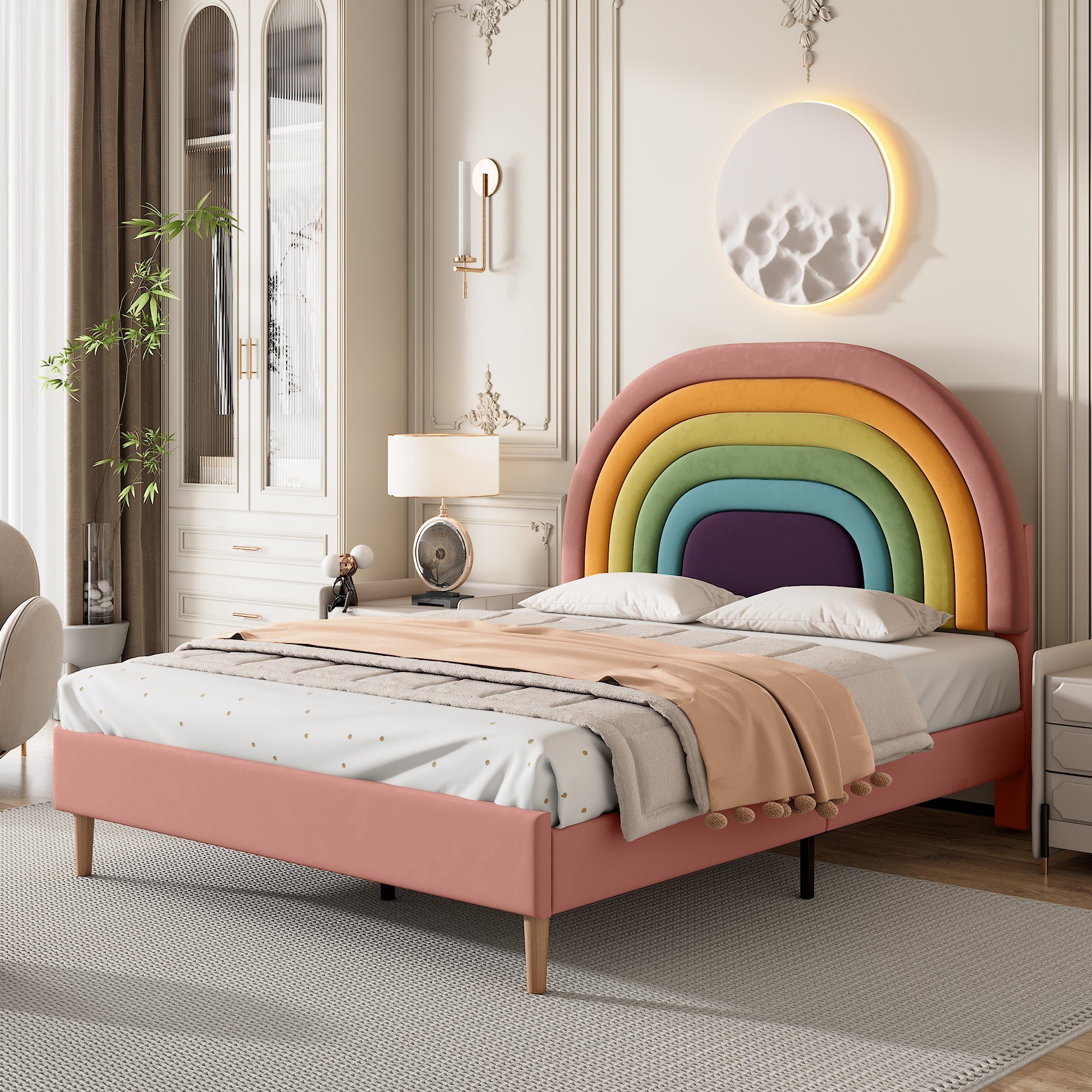 Flieks Polsterbett, Kinderbett mit verstellbarem Regenbogen-Kopfteil 140x20 günstig online kaufen
