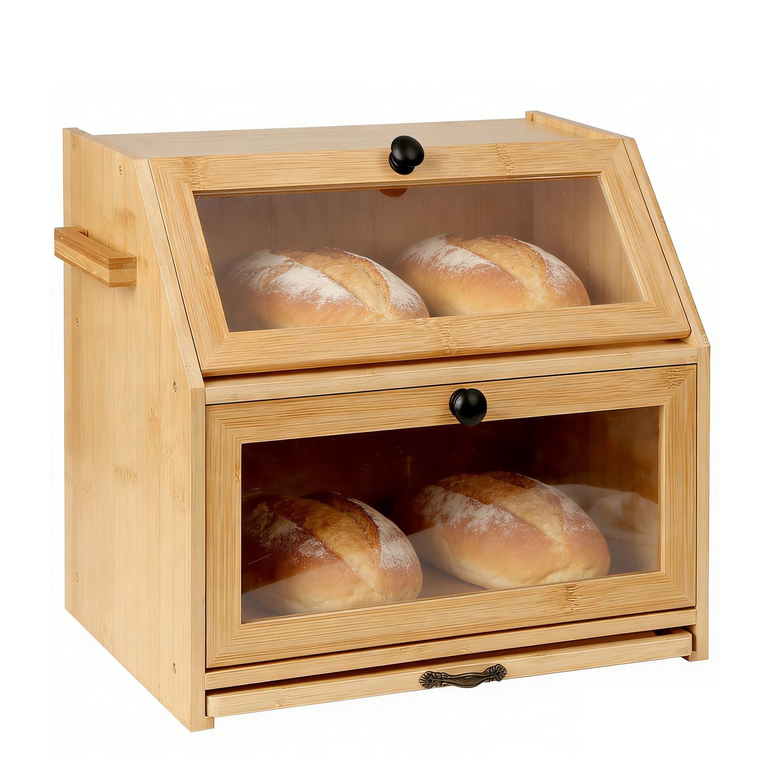 JEOBEST Brotkasten Brotkasten Bambus, Brotbox Küche, Brotkästen Holz mit Schneidebrett, 2 Etagen + Sichtfenster, Platzsparend und stilvolle für Küche