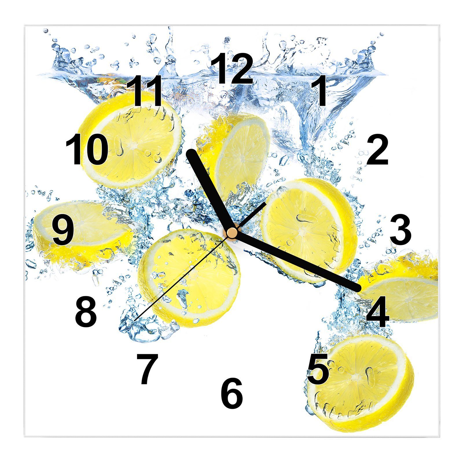 Primedeco Wanduhr Glasuhr Wanduhr Wandkunst Größe 30 x 30 cm mit Motiv Zitronen auf Wasser