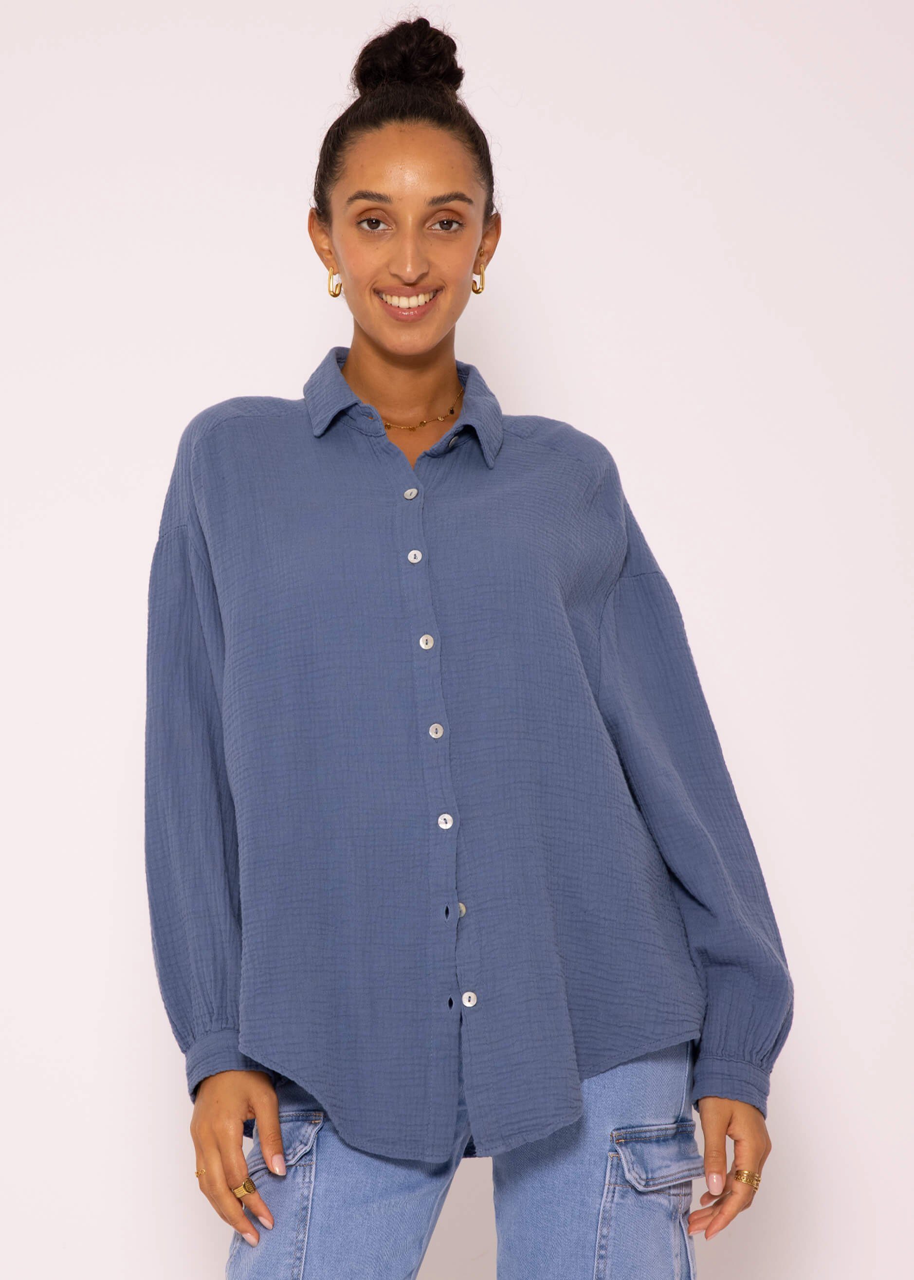 preisnachlass SASSYCLASSY Longbluse Oversize 36-48) One Musselin (Gr. Jeansblau Hemdbluse Bluse Damen Baumwolle Langarm Size aus V-Ausschnitt, mit lang