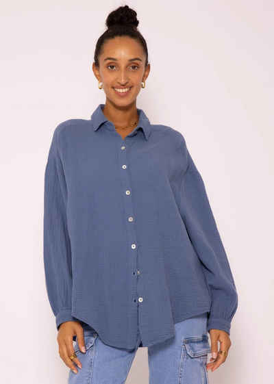SASSYCLASSY Longbluse Oversize Musselin Bluse Damen Langarm Hemdbluse lang aus Baumwolle mit V-Ausschnitt, One Size (Gr. 36-48)