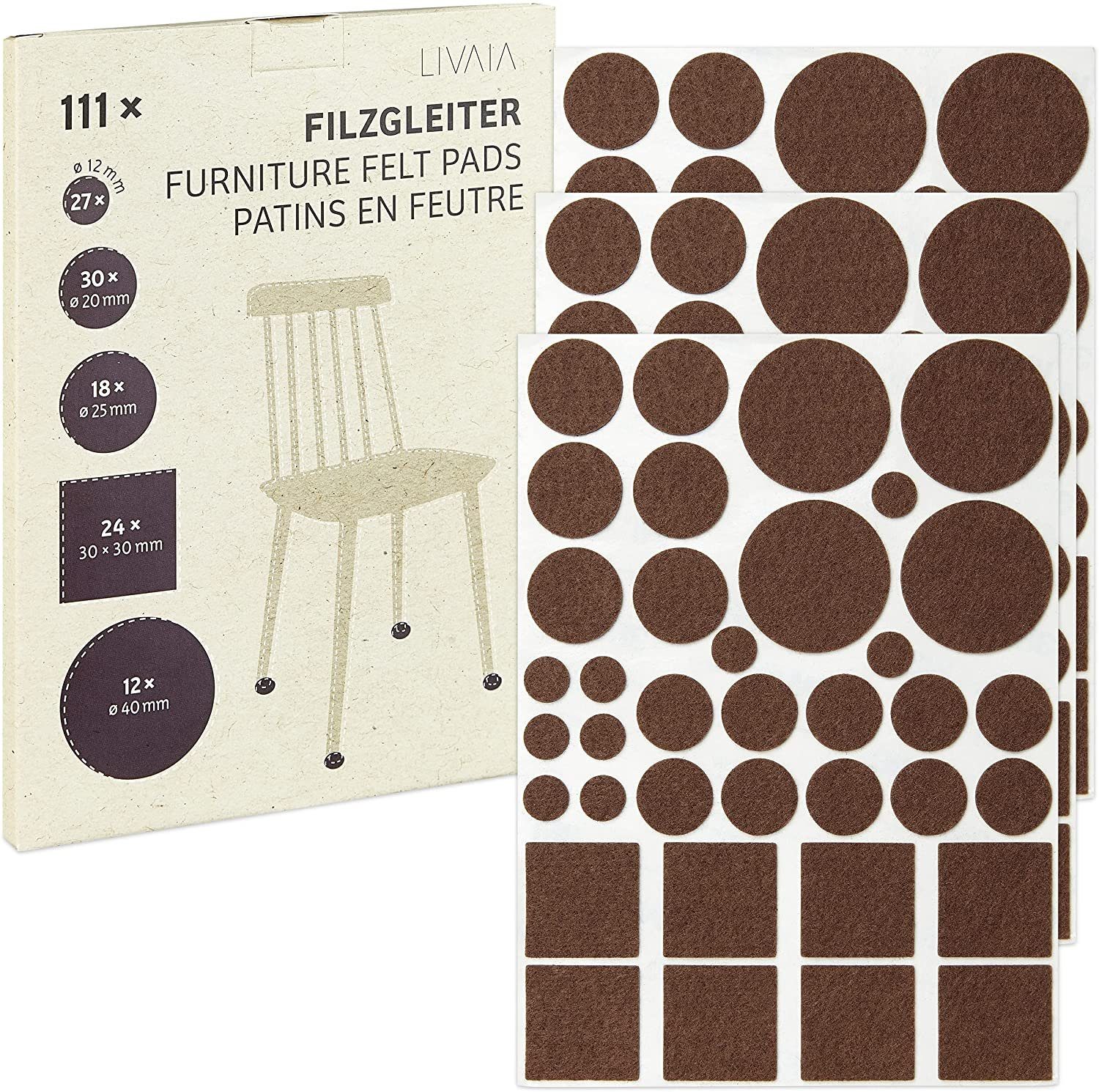 LIVAIA Filzgleiter Selbstklebende Filzgleiter-Set, HAFTUNG (111x Filzgleiter 5 111 Set Stuhl Schwarz Größen, St), STARKE in