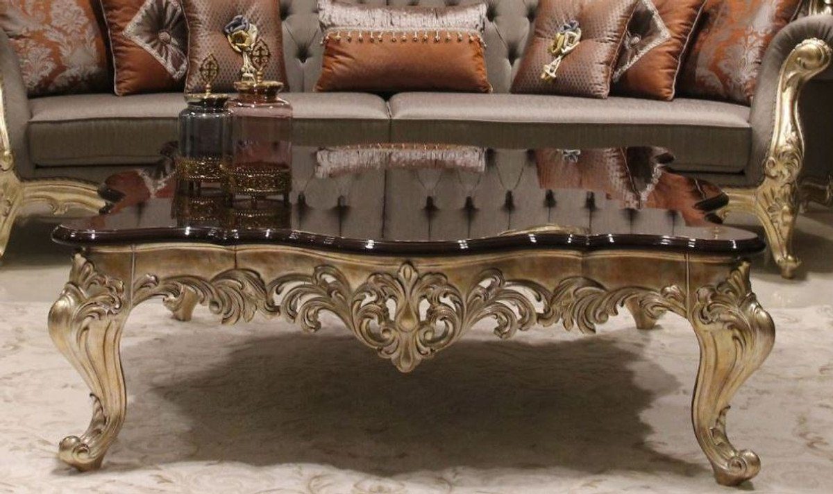 Casa Padrino Couchtisch Luxus Barock Couchtisch Dunkelbraun / Gold 145 x 145 x H. 45 cm - Prunkvoller Massivholz Wohnzimmertisch mit edlen Verzierungen - Barock Möbel