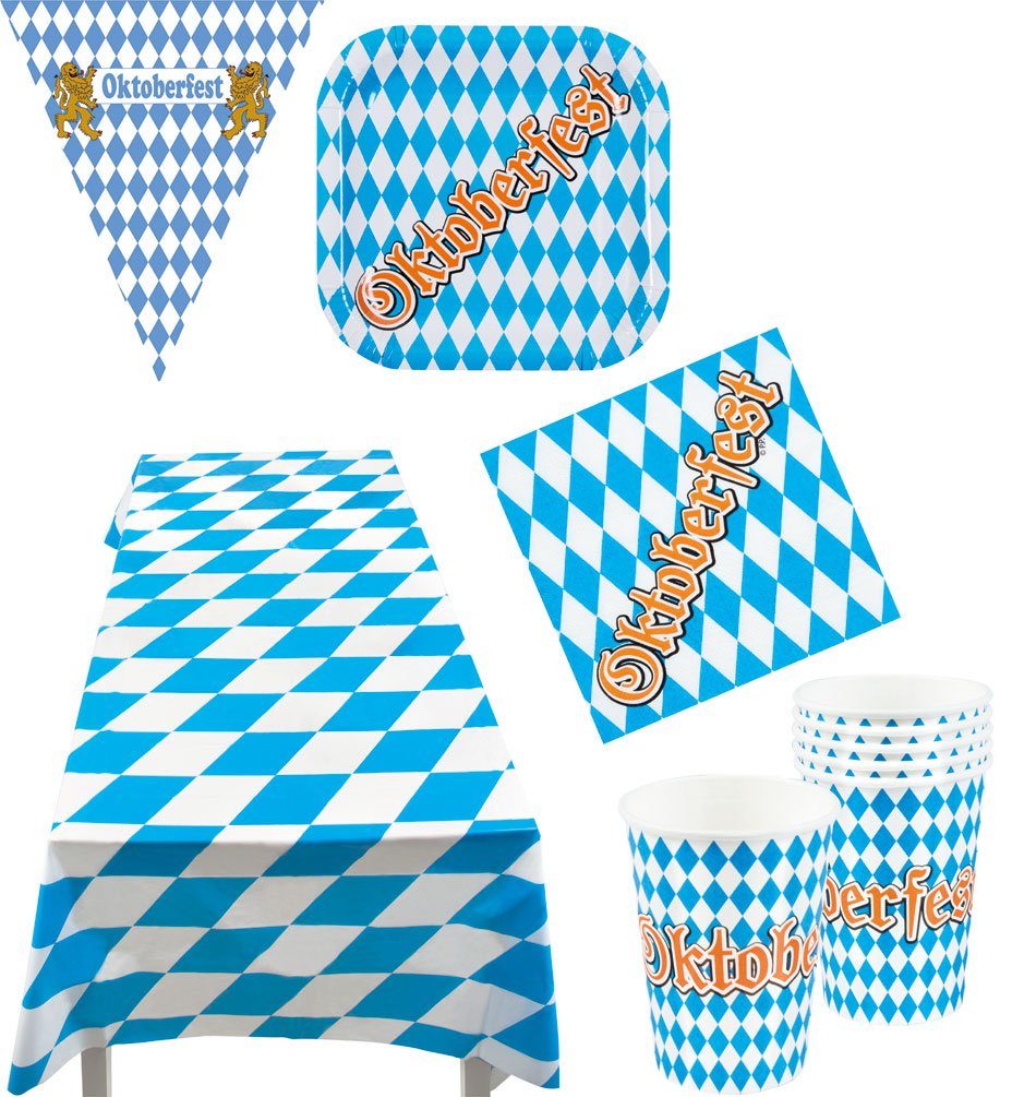Karneval-Klamotten Einweggeschirr-Set Party Set Bayern Oktoberfest 25 Teile Wimpelkette, Partygeschirr Pappteller Pappbecher Servietten