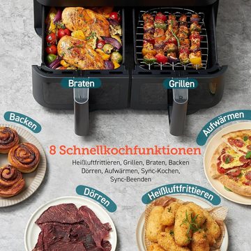 Cosori Heißluftfritteuse mit Doppelkammer, 8.5L Max, 1750,00 W, mit 2 Fächer, Doppelkammerh, Dual Cook & Sync Finish, 8 Programme