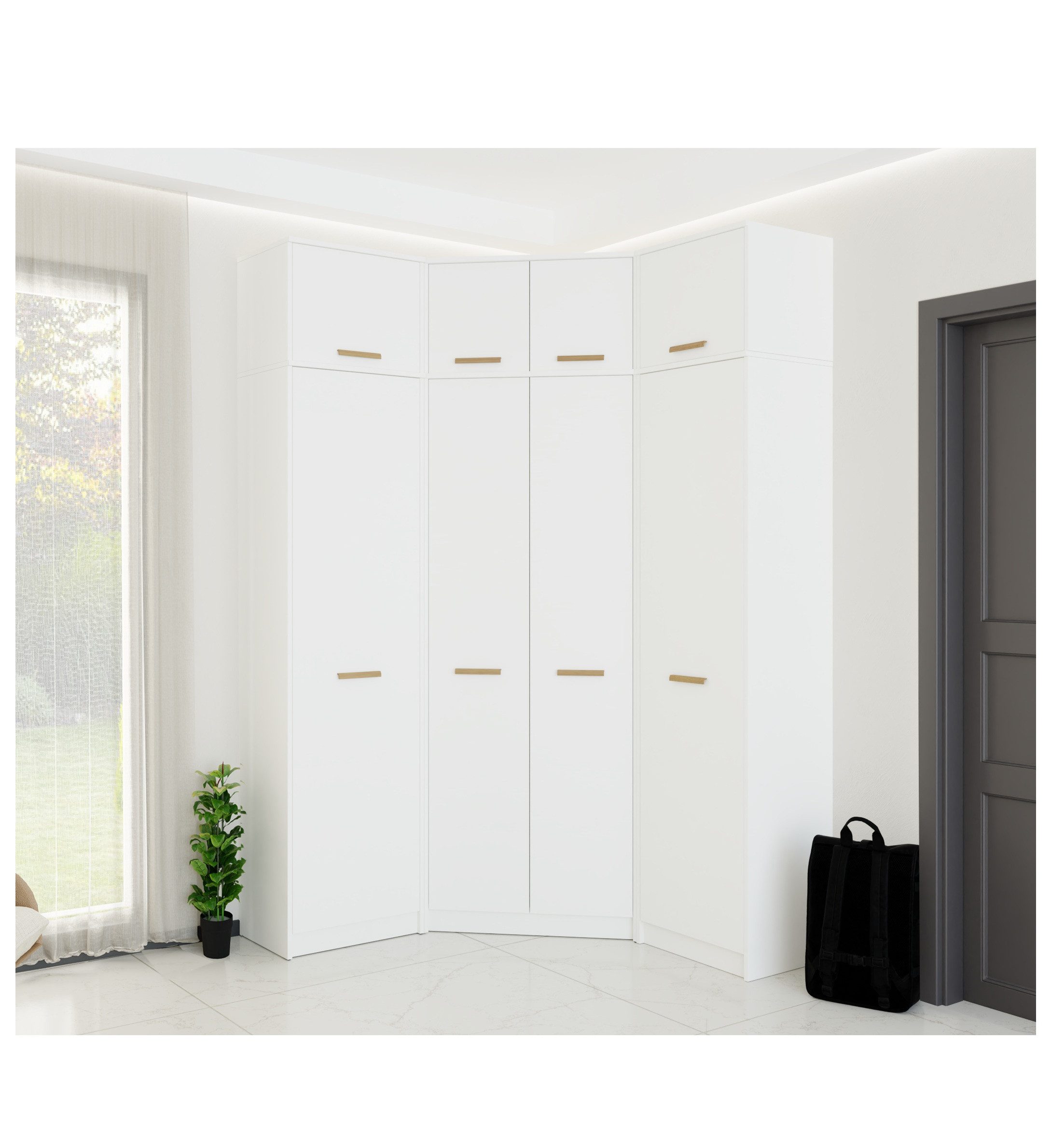 Marmex Möbel Garderobenschrank GRANT SET 48B Eckschrank zwei Drehtürenschränke mit Aufsätzen (6-St., zwei Drehtürenschränke, ein Eckschrank, drei Aufsätze) Scharniere-Soft-Close, ausziehbare Kleiderstangen