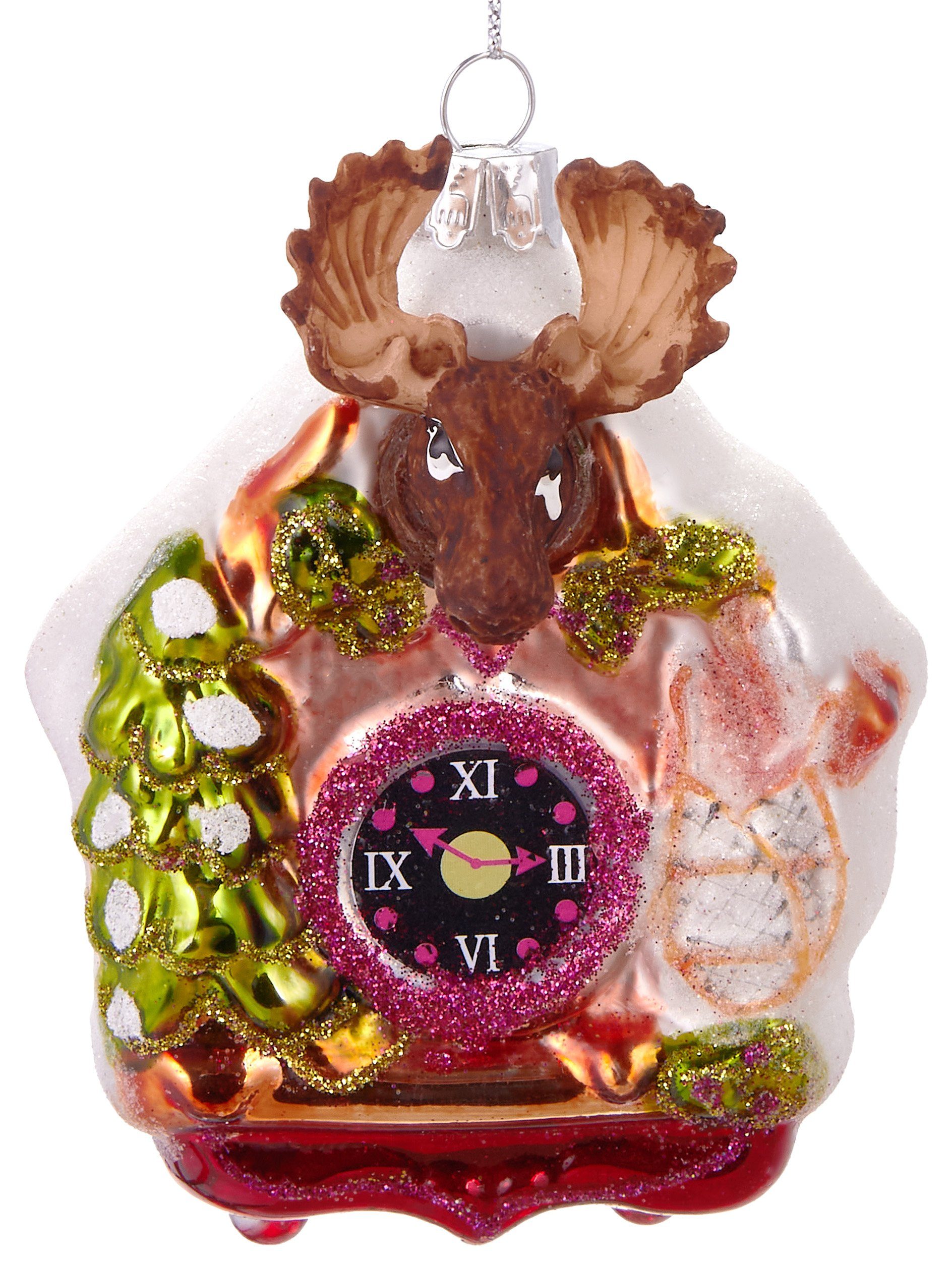BRUBAKER Weihnachtsdekoration mundgeblasene cm Christbaumschmuck Baumkugel Kunstvolle handbemalt, aus lustige Glas, 10 Elch, Weihnachtskugel Kuckucksuhr - mit