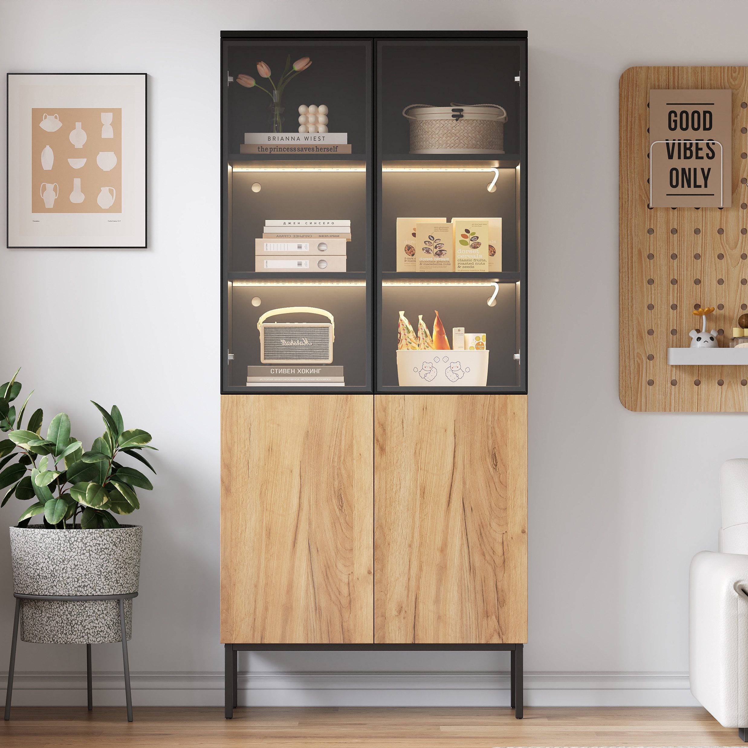 OKWISH Vitrine mit Glastüren (Hochschrank, Standvitrine, Highboard, 1-St., 5-stöckige) mit LED-Leuchten