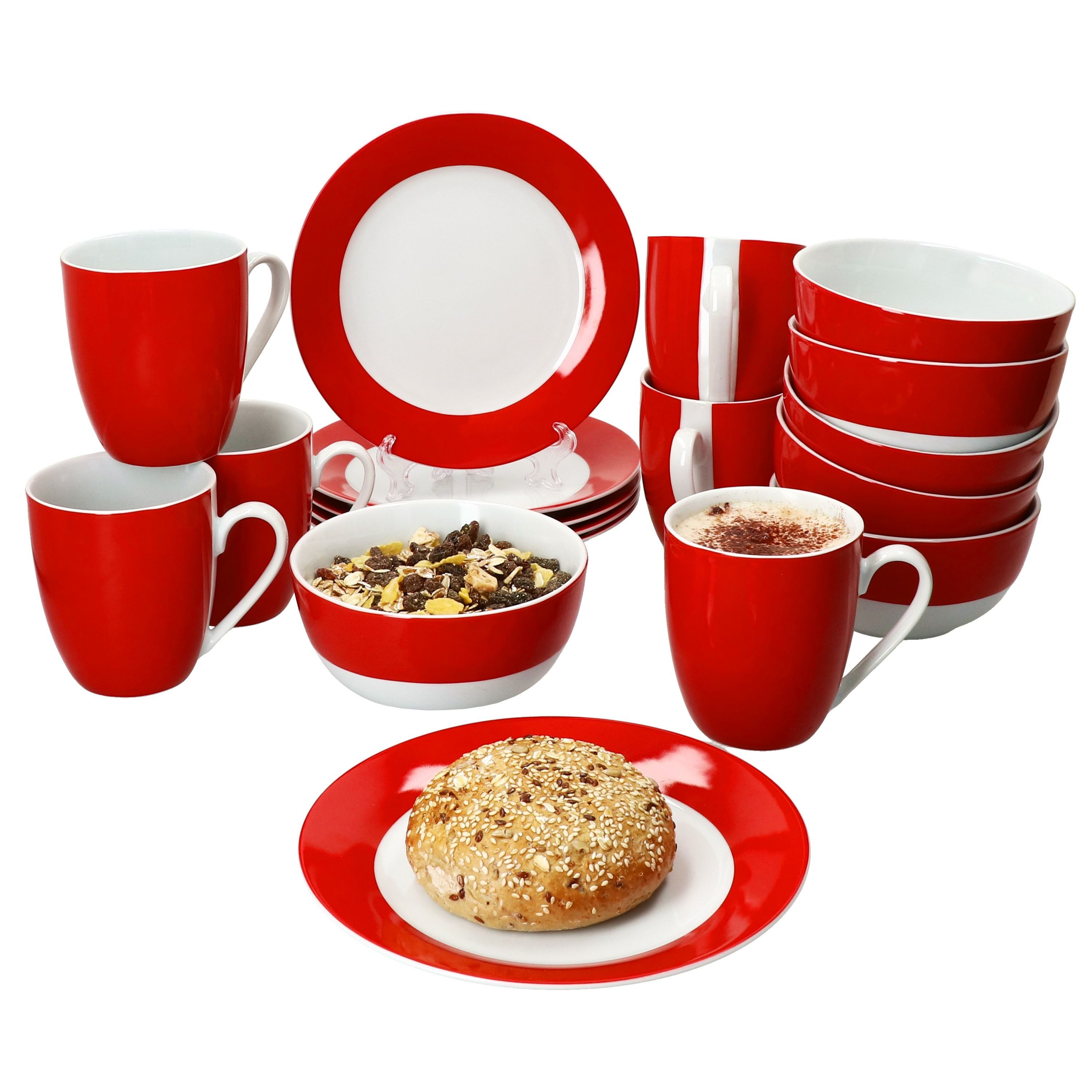 MamboCat Frühstücks-Geschirrset 18tlg Frühstücksset Variant Rot Porzellan 6 Personen Teller Schale, Porzellan